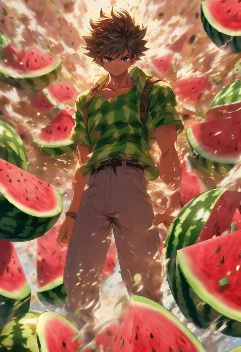 anime guy with a watermelon in his hand and a bunch of watermelons in the air, material is!!! melancia!!!, Makoto, Makoto Kano, Nice anime pose, Directed by: Eizan Kikukawa, cara bonito na arte demon slayer, Eren Jaeger, kentaro miura arte, Makoto Shinka, homem bonito anime, musculoso, 夏天, calor, praia, Human representation of watermelon