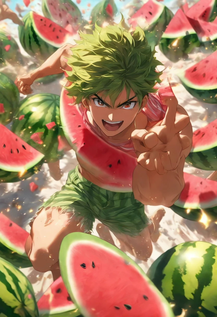 anime guy with a watermelon in his hand and a bunch of watermelons in the air, material is!!! melancia!!!, Makoto, Makoto Kano, Nice anime pose, Directed by: Eizan Kikukawa, cara bonito na arte demon slayer, Eren Jaeger, kentaro miura arte, Makoto Shinka, homem bonito anime, musculoso, 夏天, calor, praia, Human representation of watermelon