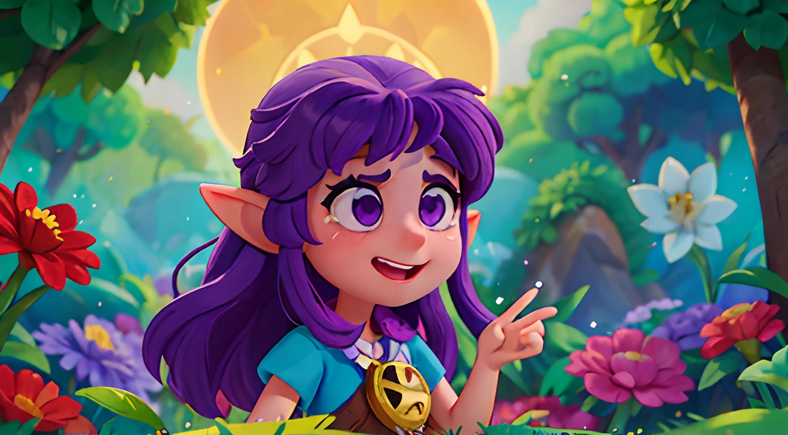 ( alta disney pixar cartoon). a DESPEDIDA com muita alegria lina, A small purple haired Ela with pointed ears says goodbye to the guardian of the flowers with tears streaming down her eyes and a smile on her face, raios de sol refletem o caminho, uma tinha pela floresta.