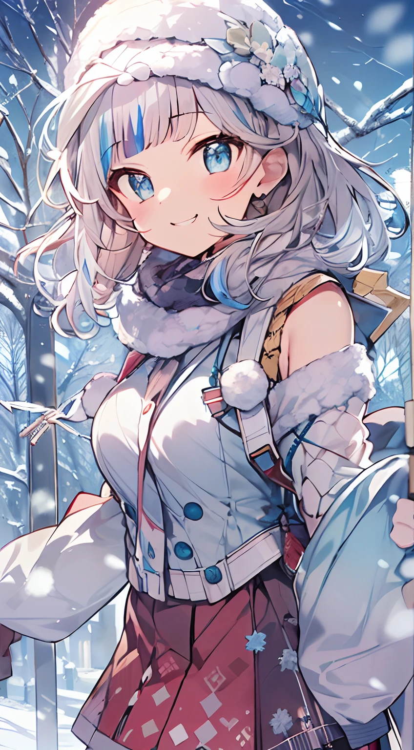 masutepiece, Best Quality,Illustration, Wallpaper, ultra -detail, Absurd beauty, 1beautiful girl、Bright hair color、Glitter and big eyes、Hair fluttering in the wind、ample breasts、♡、Smaller head、Winter scene、miscievous smile、bustup Gawr gura,