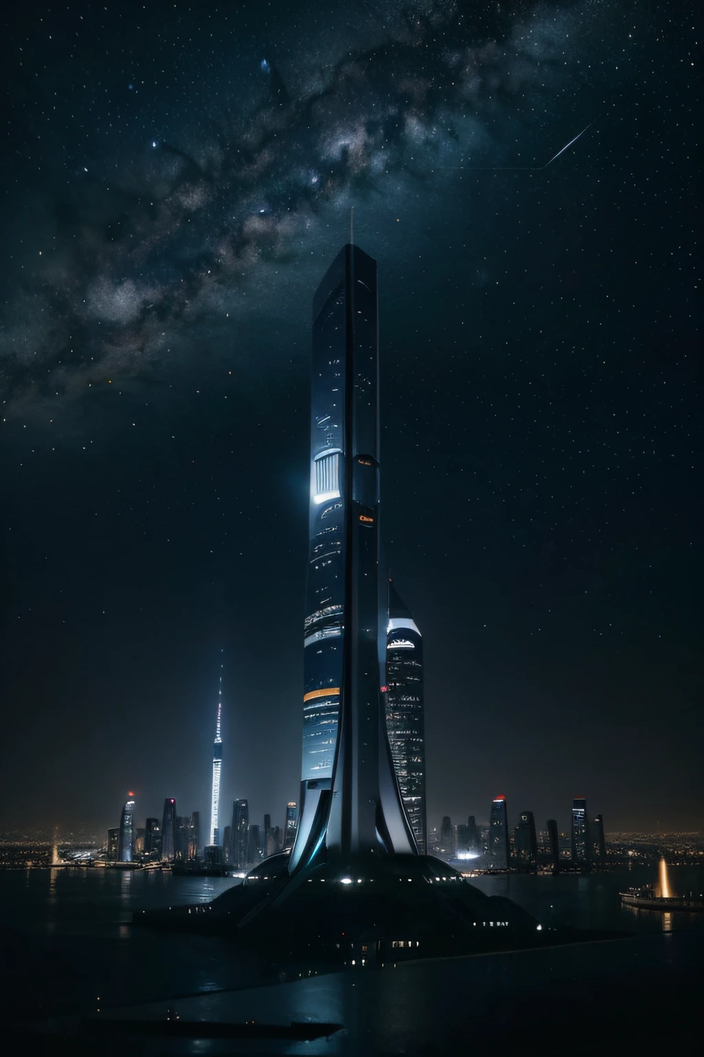 Please generate a high-resolution image that represents a starry night sky with a futuristic touch. The background should be dark but filled with bright stars, creating a sense of depth and infinity. The stars should vary in size and intensity, providing a realistic and captivating look.

In the foreground of the image, depict a futuristic vision. Add elements that evoke advanced technology, such as futuristic skyscrapers, flying vehicles, or modern urban structures. These elements should be illuminated with colors that evoke the future, such as neon blue, purple, or shades of cyan. Ensure that the lighting of these elements harmonizes with the starry sky's brilliance.

The image should convey a sense of wonder and future possibilities, making the viewer feel immersed in a science fiction setting. Ensure that all details are precise and sharp, providing a captivating and high-quality visual experience.

Make sure the color palette is professional and harmonious, with dark tones that contrast with the starry glows and the futuristic elements. The image should be a compelling representation of a futuristic night sky that inspires imagination and conveys a sense of awe and anticipation