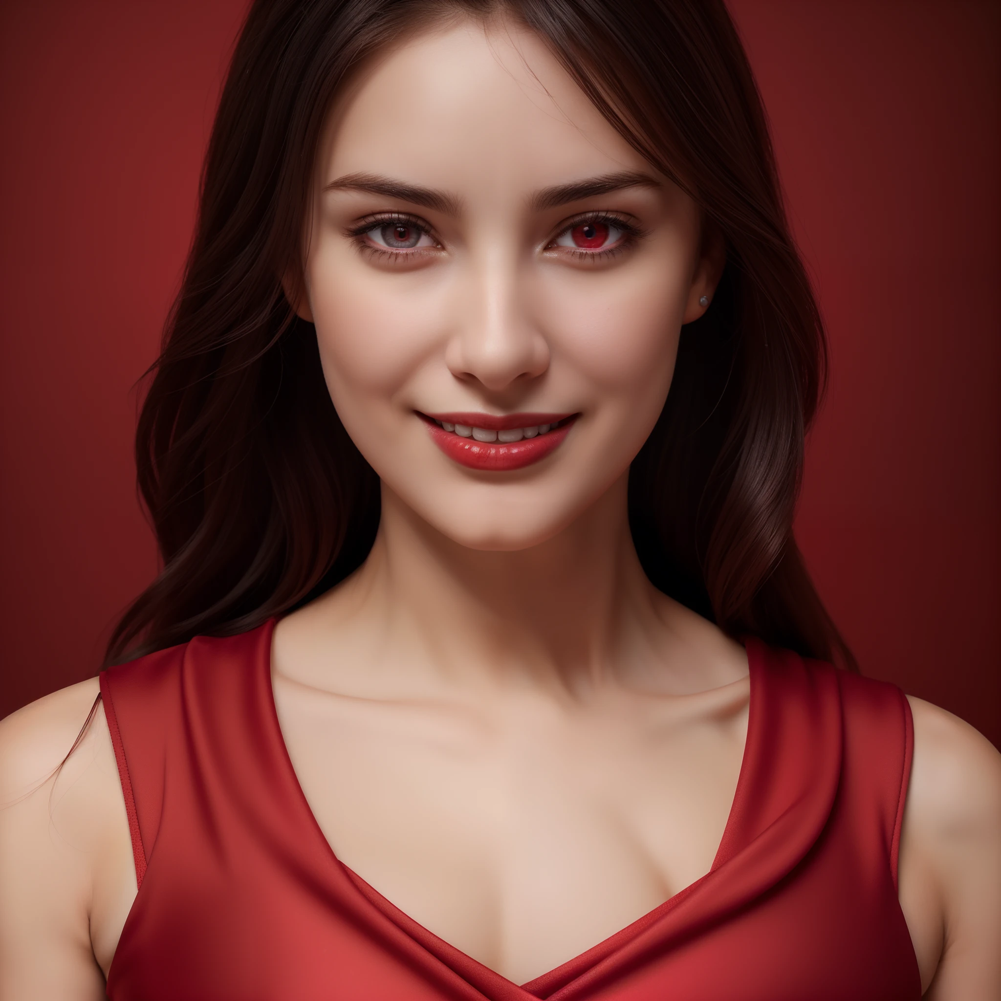 ((portrait,upper-body,facial-view,close-up)),(best quality,4k,8k,highres,masterpiece:1.2),ultra-detailed,(realistic,photorealistic,photo-realistic:1.37),(1girl),(18years old),[the face is combination of (((irene1:1.2))) and (((Excella_er5:1.2)))],(sharp focus:1.5),pearl skin,(skin pores:1.1),extremely detailed face and skin texture,(skin texture:1.1),black hair,cleavage breasts,((wearing red color dress:1.3)),vibrant colors,extremely detailed and realistic (red) clothes,(colorful),(film grain:1.3),(simple dark background),happy expression,full-smile,romantic flat backdrop,angelic ethereal beauty,studio photography,professional photography.
