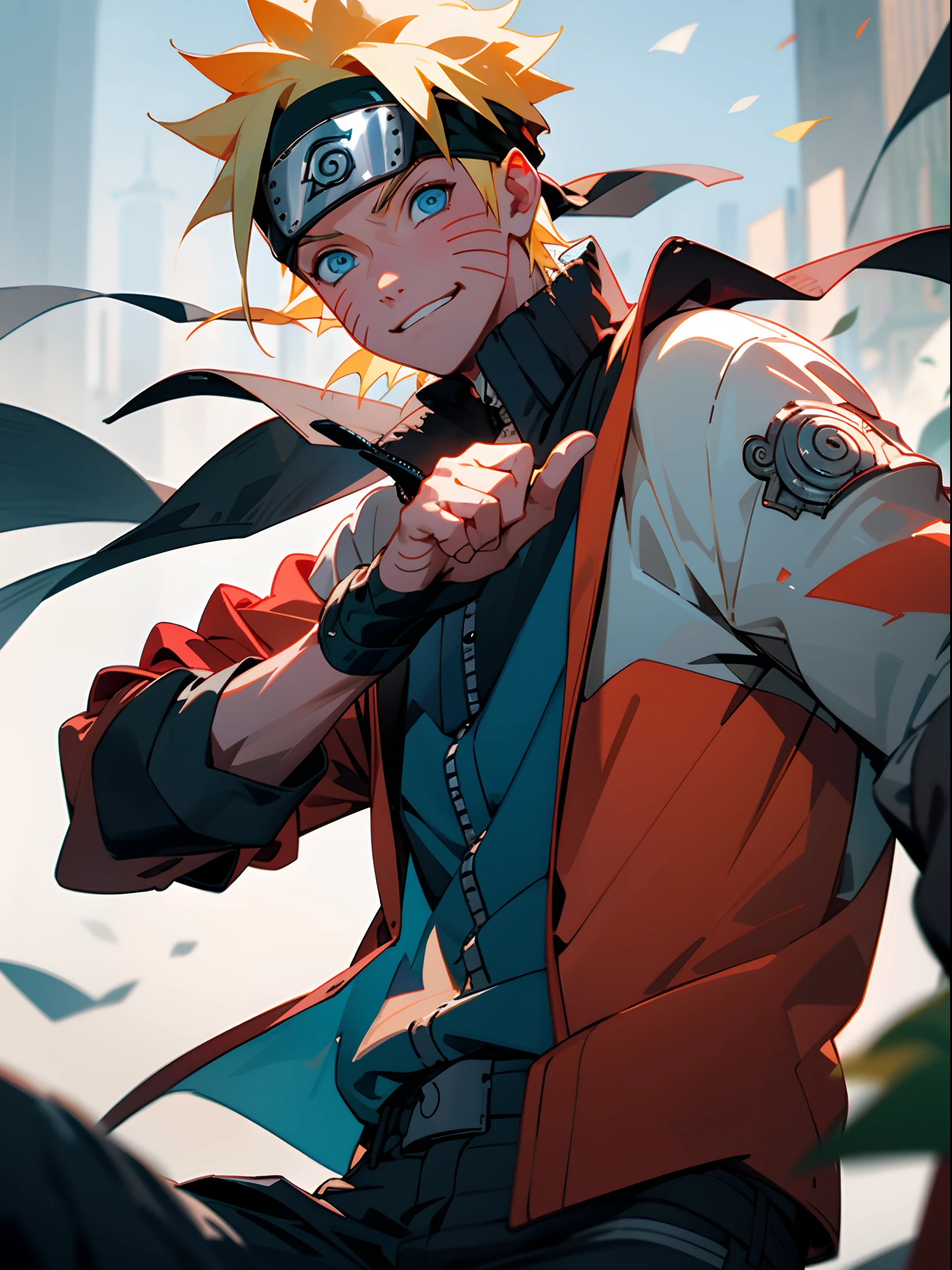 (Best quality),Super detailed, 1 boy,  Smile,Junior style, Pointy blonde hair, Scratches on Cheeks, Black and red clothes, Leather jacket, Jeans, Boots, Turban with leaf symbol, Perfect eyes, Cool, Blue eyes, Upper body, During the day, outside, --name: Naruto Uchiha - City with futuristic architecture and holograms