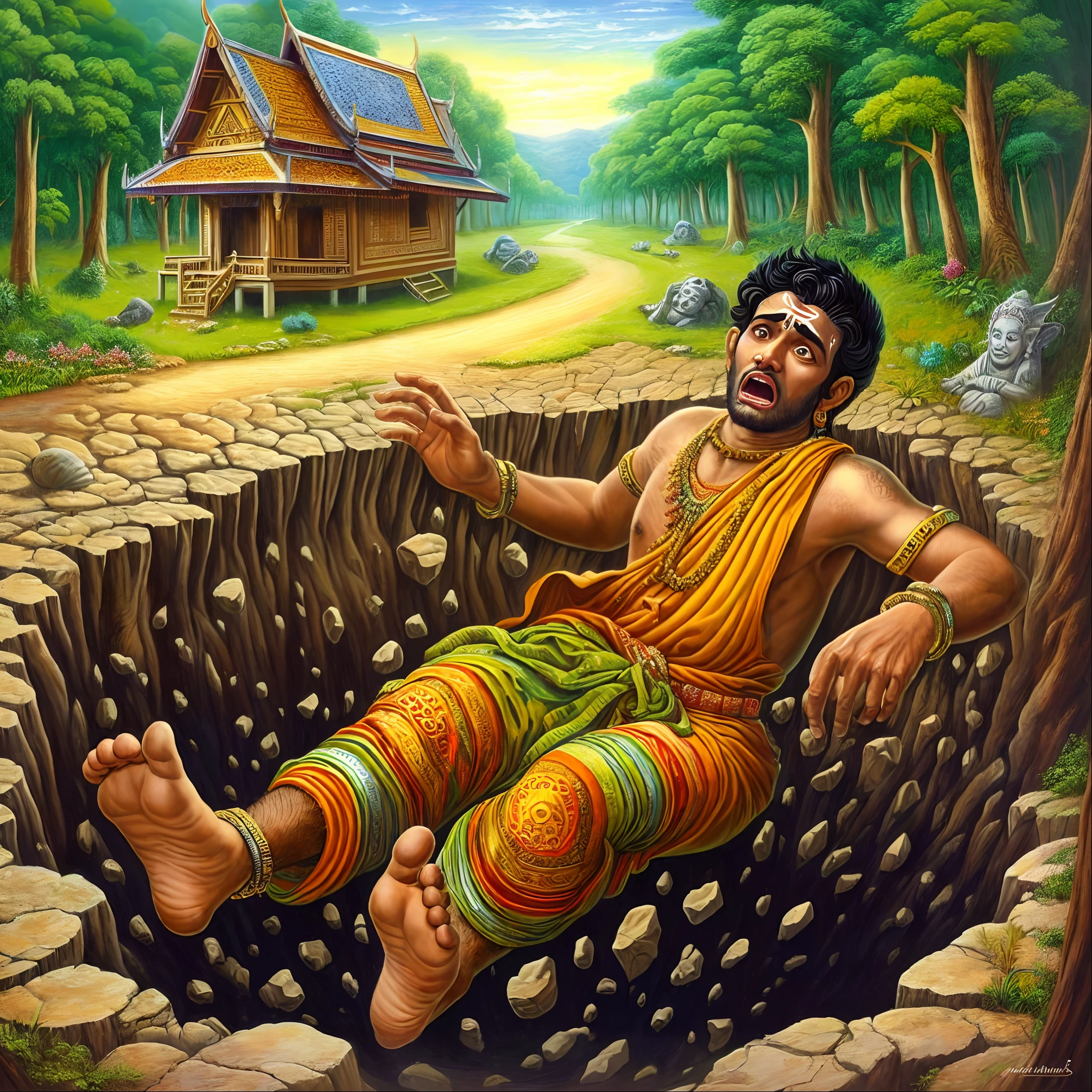 a painting of a man in a hole with a house in the background, thailand art, holy man looking at ground, rescue from the underworld, asura from chinese myth, nivanh chanthara, from ramayan, trampling an ancient city, thawan duchanee, an exhausted deity, tithi luadthong, by Joe Jusko