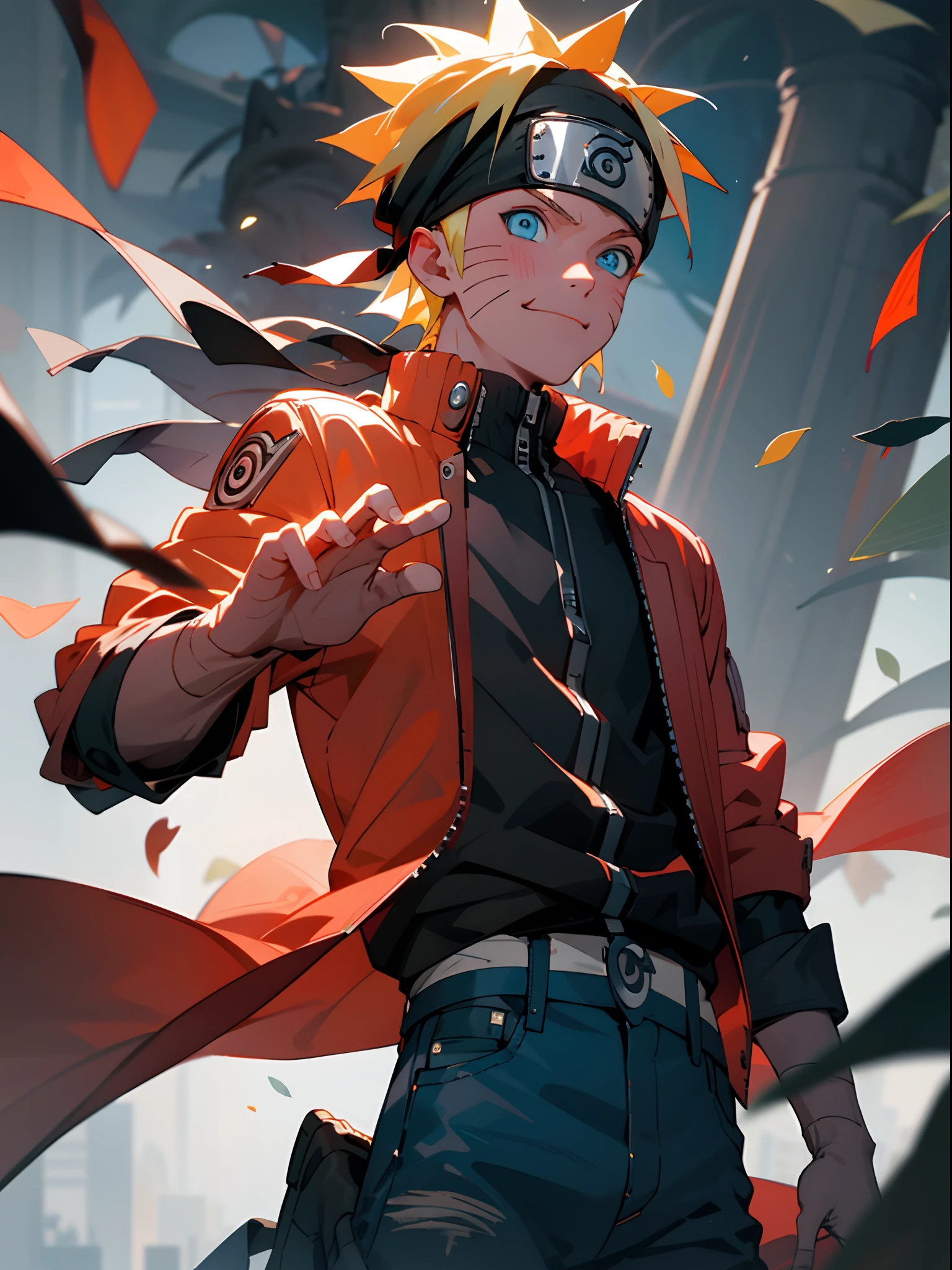 (Best quality),Super detailed, 1 boy, Smile,Junior style, Pointy blonde hair, Scratches on Cheeks, Black and red clothes, Leather jacket, Jeans, Boots, Turban with leaf symbol, Perfect eyes, Cool, Blue eyes, Upper body, During the day, outside, --name: Naruto Uchiha - City with futuristic architecture and holograms