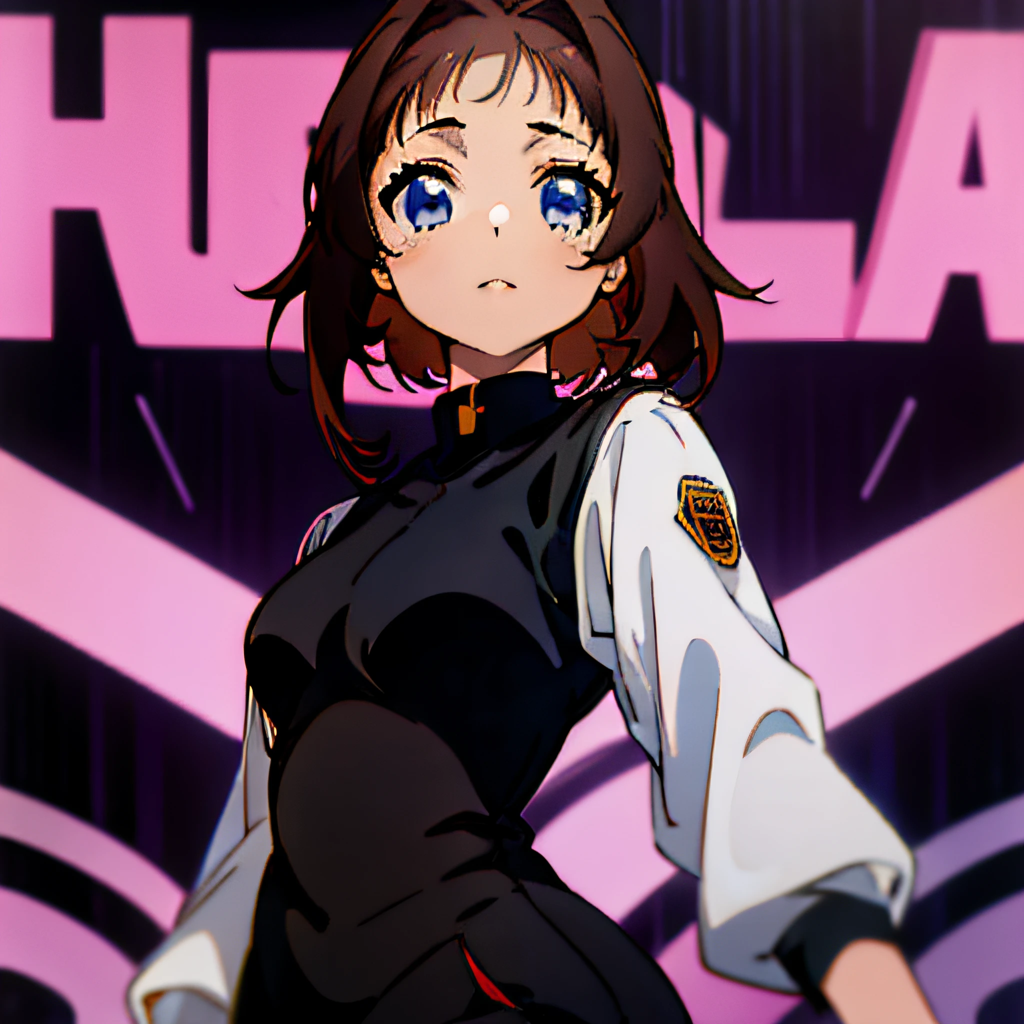 Imagen ultra detallada, Anime-style woman, manga, ultra detallada, estilo Shingo Araki, with dark brown hair, con traje futurista, On neon streets