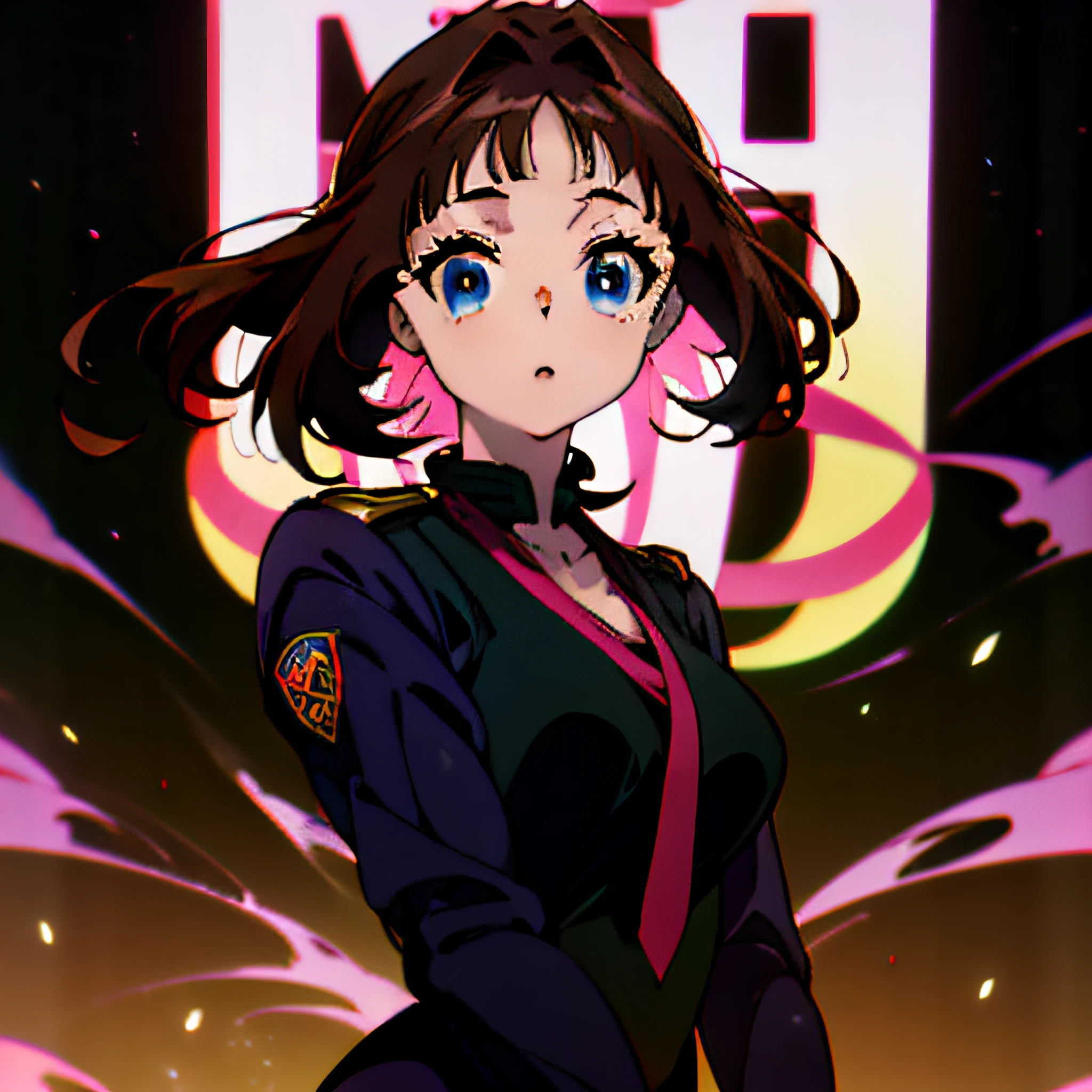 Imagen ultra detallada, Anime-style woman, manga, ultra detallada, estilo Shingo Araki, with dark brown hair, con traje futurista, On neon streets