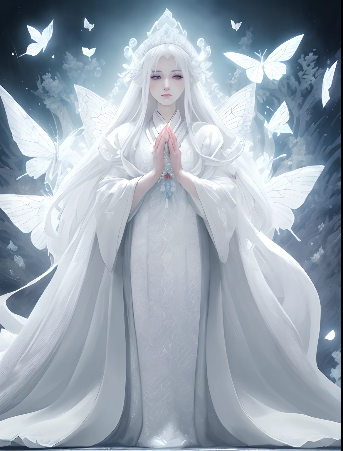 (front view) (full body )ultra detailed illustration of a stunning Goddess, wearing white robes, crystal decorations, white hair, Shining white clothes、extremely pale, extremely white skin,a woman with a very beautiful face、 peachy makeup, art by MSchiffer, best quality, best resolution, JRPG, Xianxia, (closed mouth)Holy Light Butterfly Angel woman,Butterfly wings,Chest shooting(mcu),In the style of rococo pastel colors,Light white and light red,Incredibly beautiful,SakuraNS,Sparkling water reflections,combine,flowing,hyper realisitc,painting of a,etheric,Elsa Burda,stock photograph,Mixed reality and fantasy elements,Ray traching,Complex pattern,Delicate line art,Press Crystal,Exquisite hands