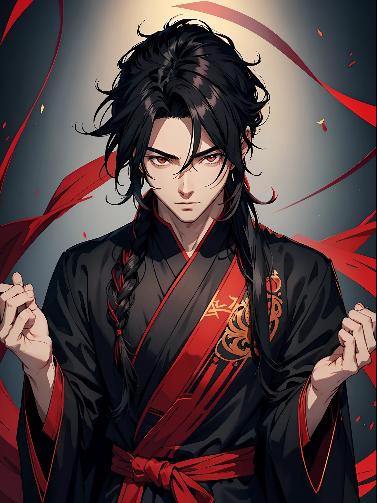anime handsome man, detailed black hair in intricate hairstyle, hair strands, red simple robe