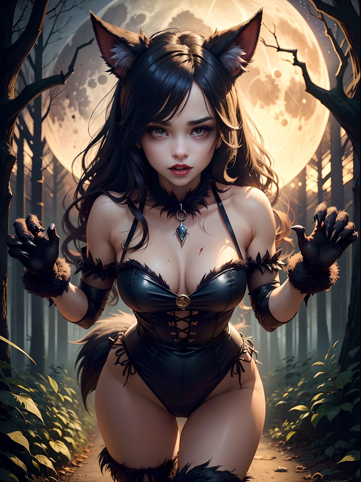 1girl, (werewolf costume), fake animal ears, fangs, paw gloves, halloween, ((pov)), outdoors, dark forest, fairy, (blood), ((moon))