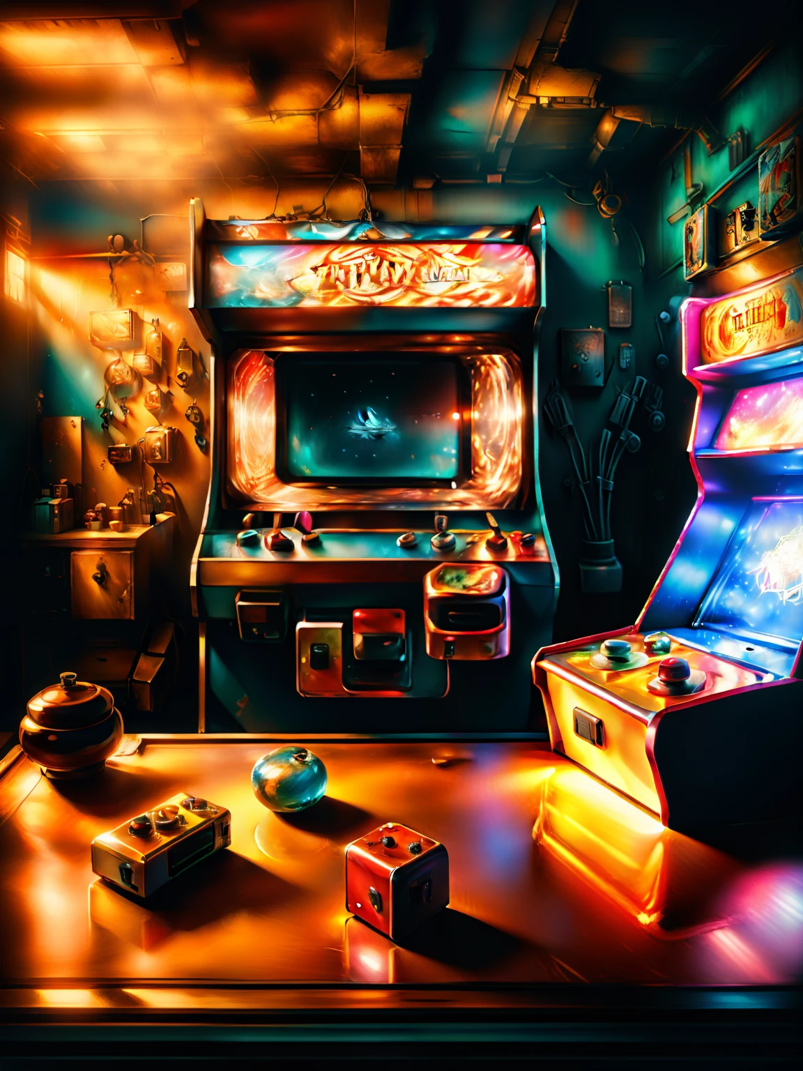 On the table in the room is a close-up of a toy arcade machine。Optimize color light, Magic light，(Best quality, Ultra-detailed, Realistic:1.37),