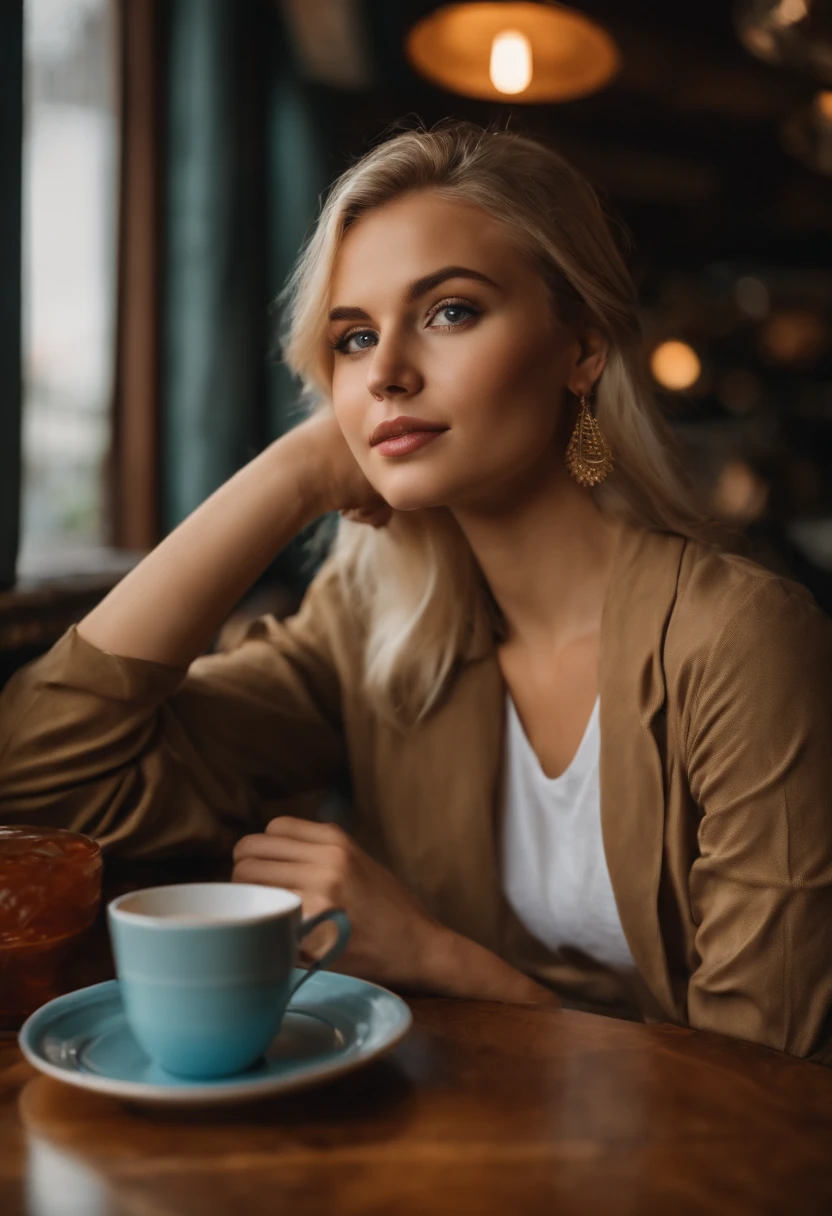 Very beautiful 22 year old blonde wearing a t-shirt looking straight into the camera sitting in a restaurant drinking tea