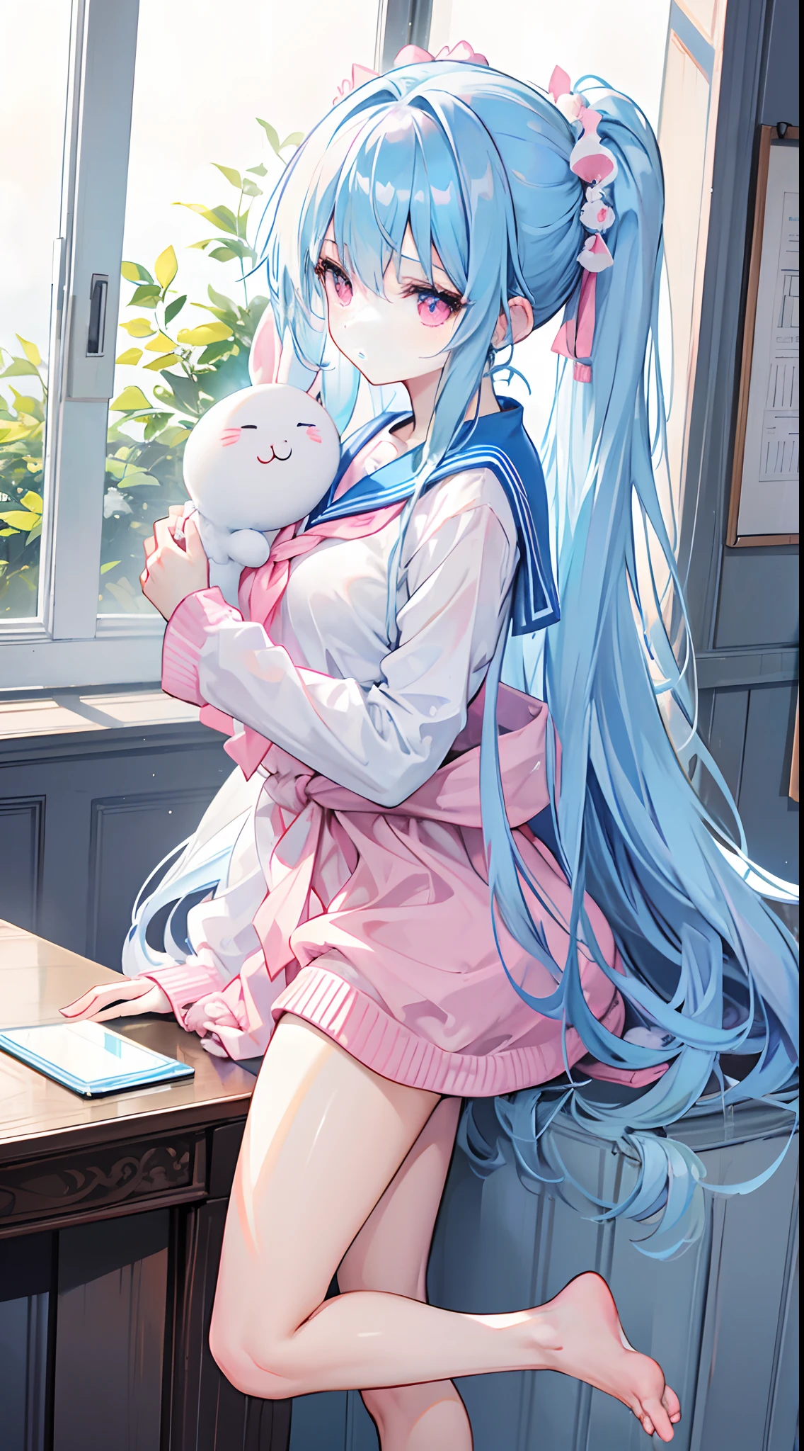 light blue long hair,,Pale pink eyes,The hair was tied up with two pink headbands,Falls on the chest,Tie your hair up to your waist,Often uniformed in sailor uniforms,and a pink plush slippers,Big Breasts Girl,Issuing,The hair is a little upturned,Holding a small white rabbit doll in his arms,The uniform is slightly larger,sitted,Side view,k hd,There was a vase on the table,A flower is inserted in the vase,Behind you is the window,Miles of sunshine
