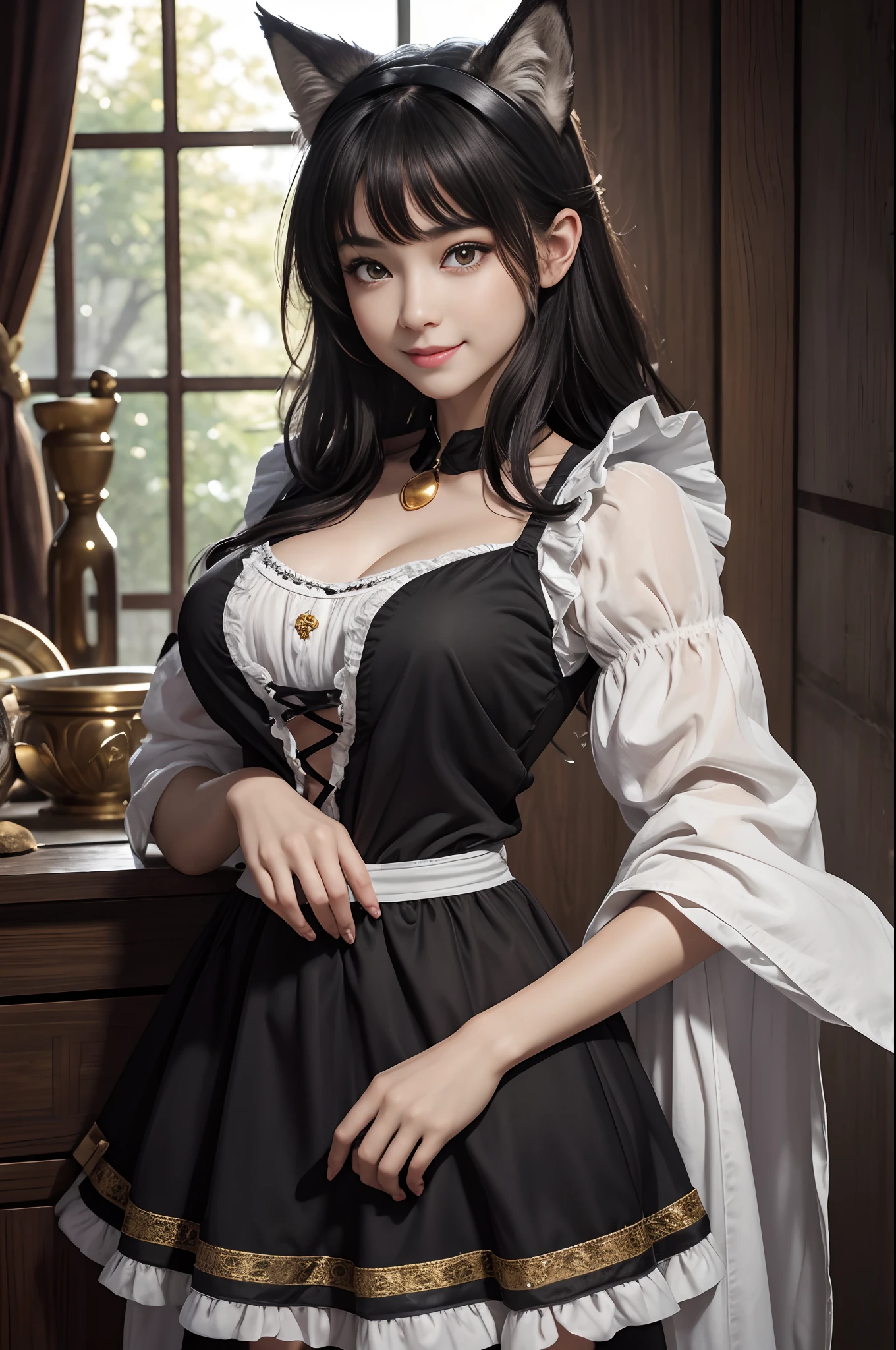 8K、The highest quality of photorealistic RAW photos。1.4)One infant chest,(Caucasian girl werewolf) Super beautiful toddler breast wolf personification(lifelike face) Wolf personification ,Short bob with black hair,Maid long skirt,Black and white maid costume,golden decoration beautiful expression super high resolution smile precise details realistic skin,enticing,red claw,Beautiful Wolf Eyes,Gray wolf ears,Infant chest