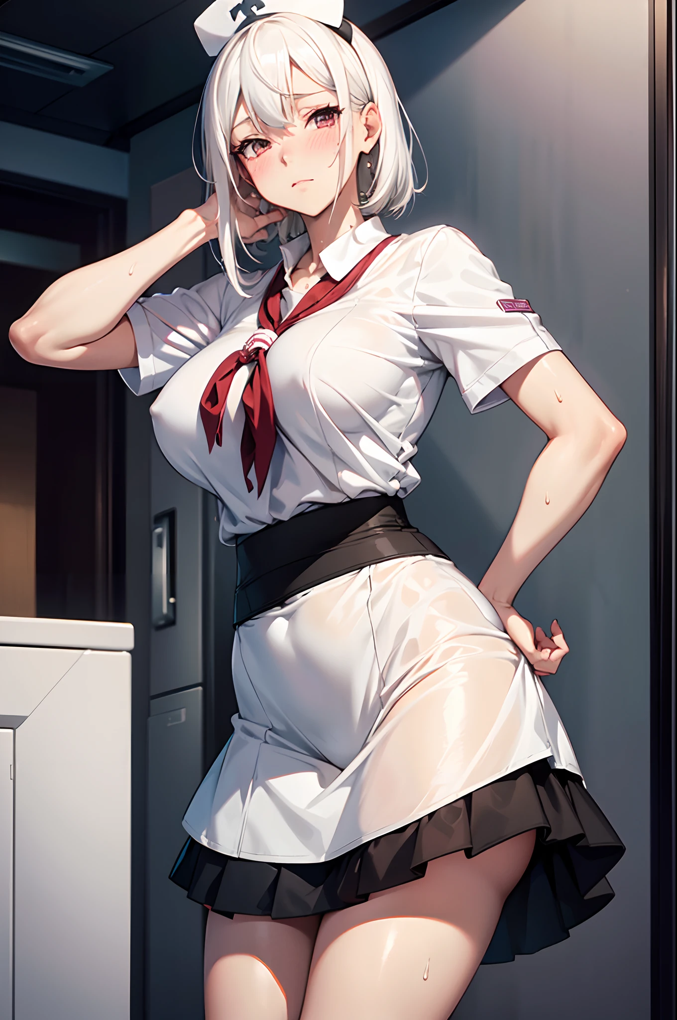 masutepiece,Best Quality,High resolution,Fine details,Realistic,Solo,Adult Woman,(White hair),blush,Large breasts,Sweat,Oily skin,(White nurse),(Black underwear),(up skirt),(Hospital),Frontal