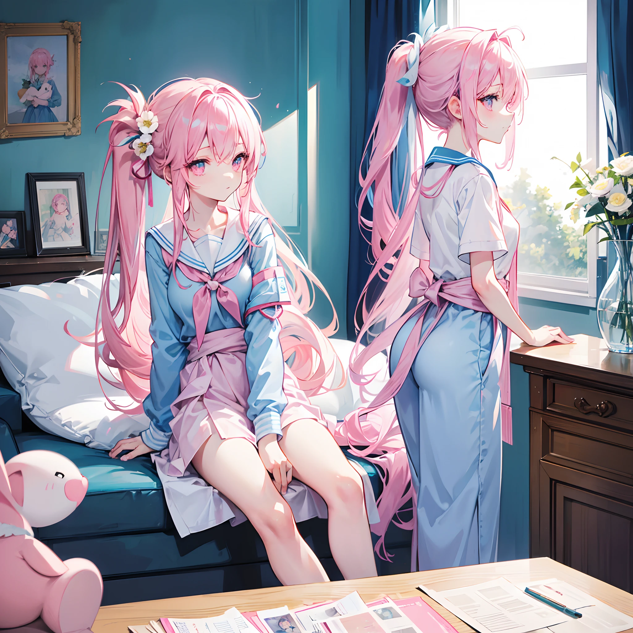 light blue long hair,,Pale pink eyes,The hair was tied up with two pink headbands,Falls on the chest,Tie your hair up to your waist,Often uniformed in sailor uniforms,and a pink plush slippers,Big Breasts Girl,Issuing,The hair is a little upturned,Holding a small white rabbit doll in his arms,The uniform is slightly larger,sitted,Side view,k hd,There was a vase on the table,A flower is inserted in the vase,Behind you is the window,Miles of sunshine