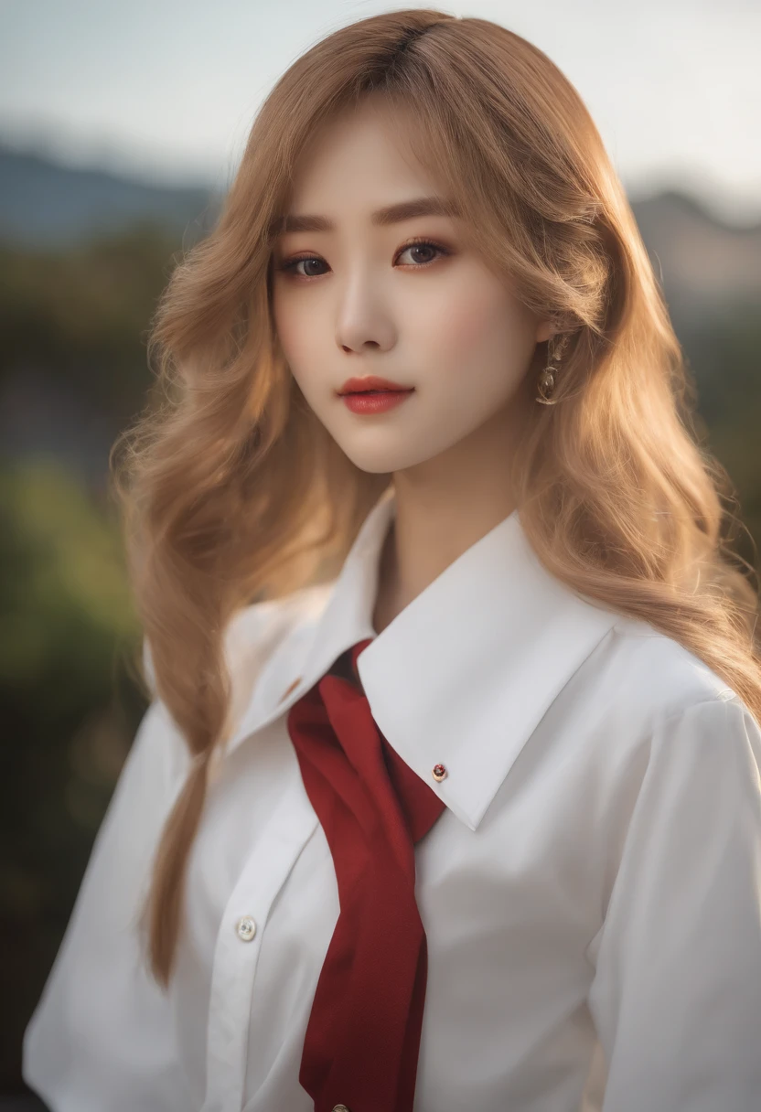 (8K、Raw photography、top-quality、masterpiece:1.2)、(realisitic、Photorealsitic:1.37)、ultra-detailliert、超A high resolution、女の子1人、see the beholder、beautifull detailed face、Constriction、(Slim waist) :1.3)、Beautiful detailed skin、Skin Texture、Floating hair、Professional Lighting、a blond、japanese hight school uniform、hi-school girl、kyoto、Suppin、hairstyle、human、realistic