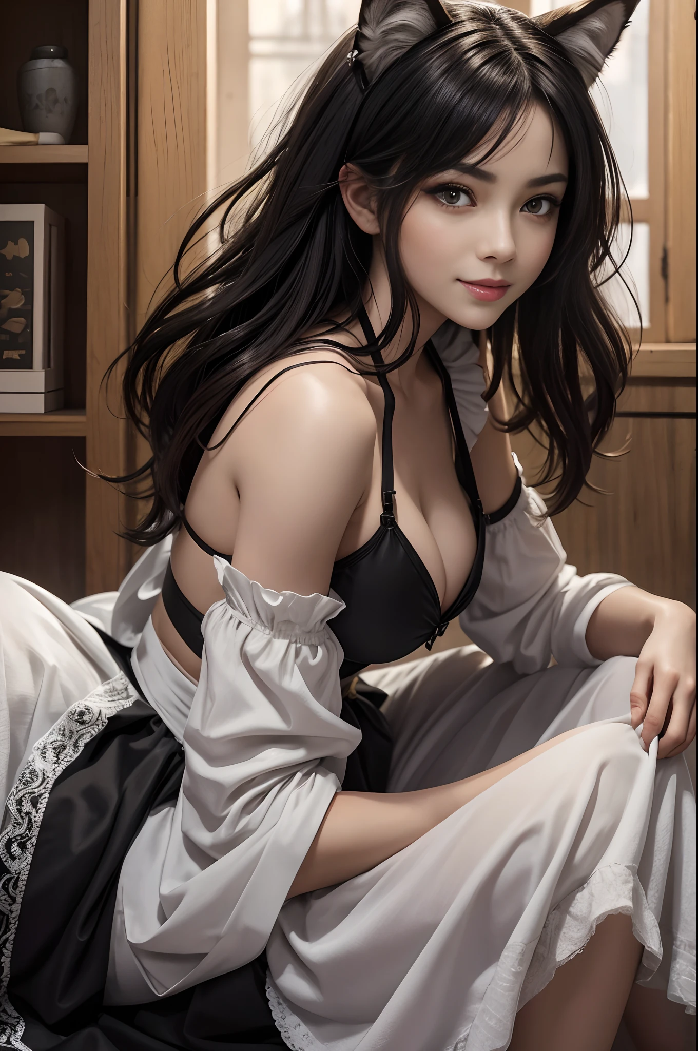 8K、The highest quality of photorealistic RAW photos。1.4)One very small breast,(Caucasian girl werewolf) Personification of super beautiful small-breasted wolves(lifelike face) Wolf personification ,Short bob with black hair,Maid long skirt,Black and white maid costume,golden decoration beautiful expression super high resolution smile precise details realistic skin,enticing,red claw,Beautiful Wolf Eyes,Gray wolf ears,very small breasts
