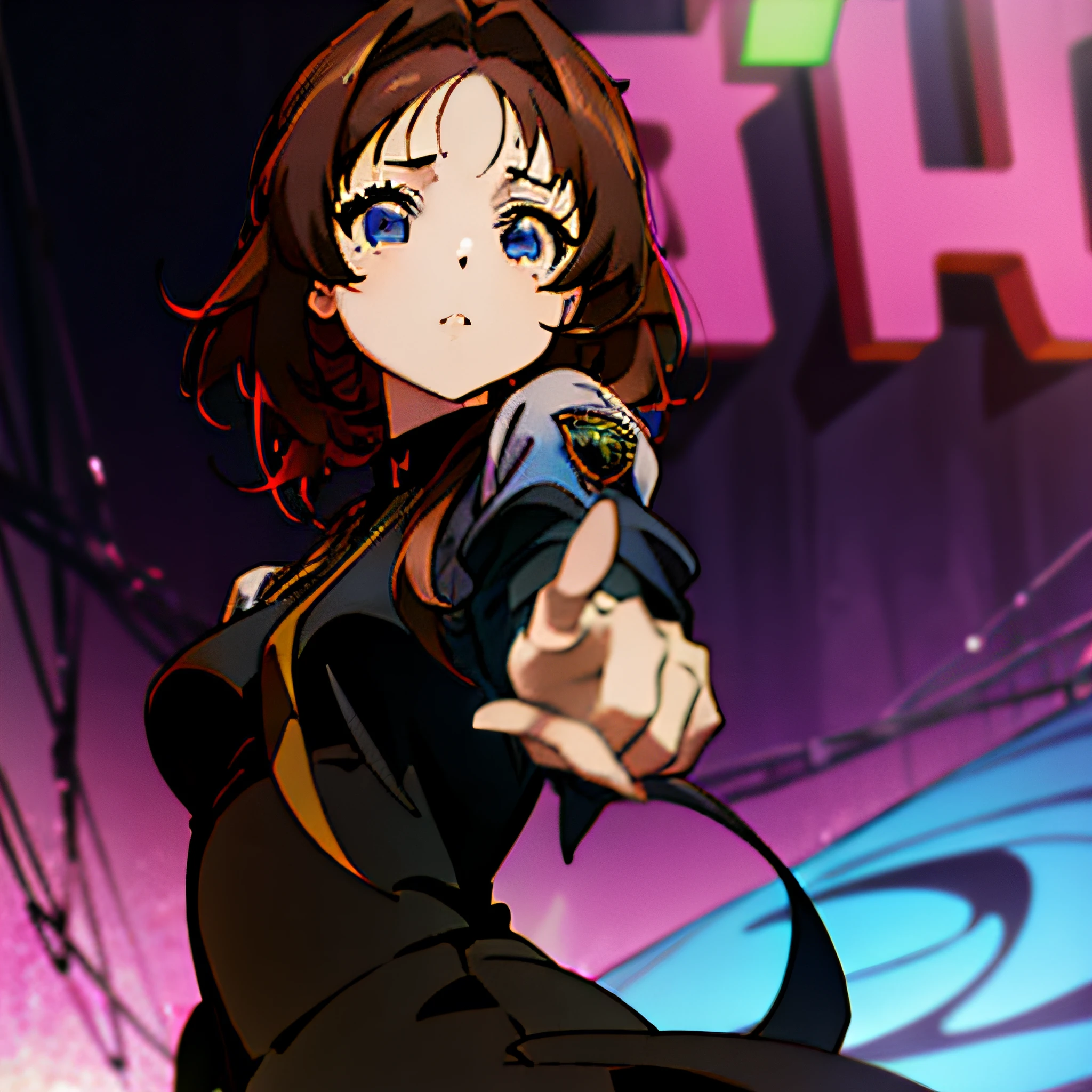 Imagen ultra detallada, Anime-style woman, manga, ultra detallada, estilo Shingo Araki, with dark brown hair, con traje futurista, On neon streets