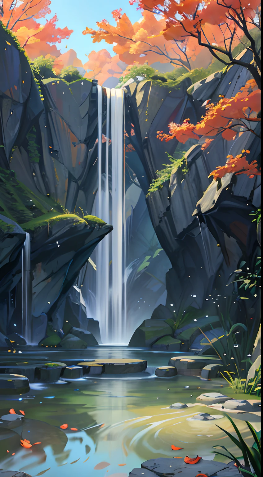 Ancient Chinese architecture, autumn, bamboo, lake, stone bridge, rockery, arch, corner, tree, tap water, landscape, waterfall, meadow, rock, water lily, hot springs, water vapor, (illustration: 1.0), epic composition, realistic lighting, high-definition detail, masterpiece, best quality, (very detailed CG unified 8k wallpaper)