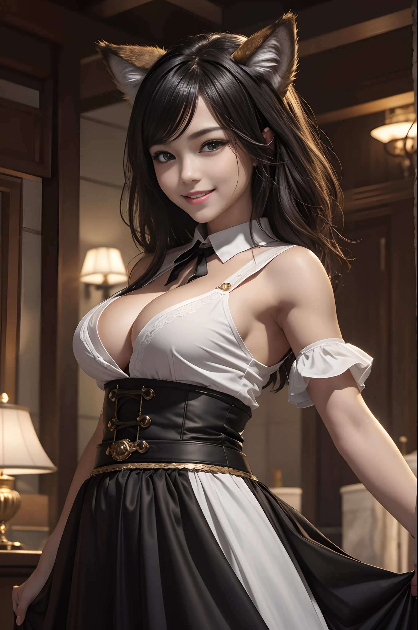 8K、The highest quality of photorealistic RAW photos。1.4)One very small breast,(Caucasian girl small-breasted werewolf) Personification of super beautiful small-breasted wolves(lifelike face) Wolf personification ,Short bob with black hair,Maid long skirt,Black and white maid costume,golden decoration beautiful expression super high resolution smile precise details realistic skin,enticing,red claw,Beautiful Wolf Eyes,Gray wolf ears,very small breasts
