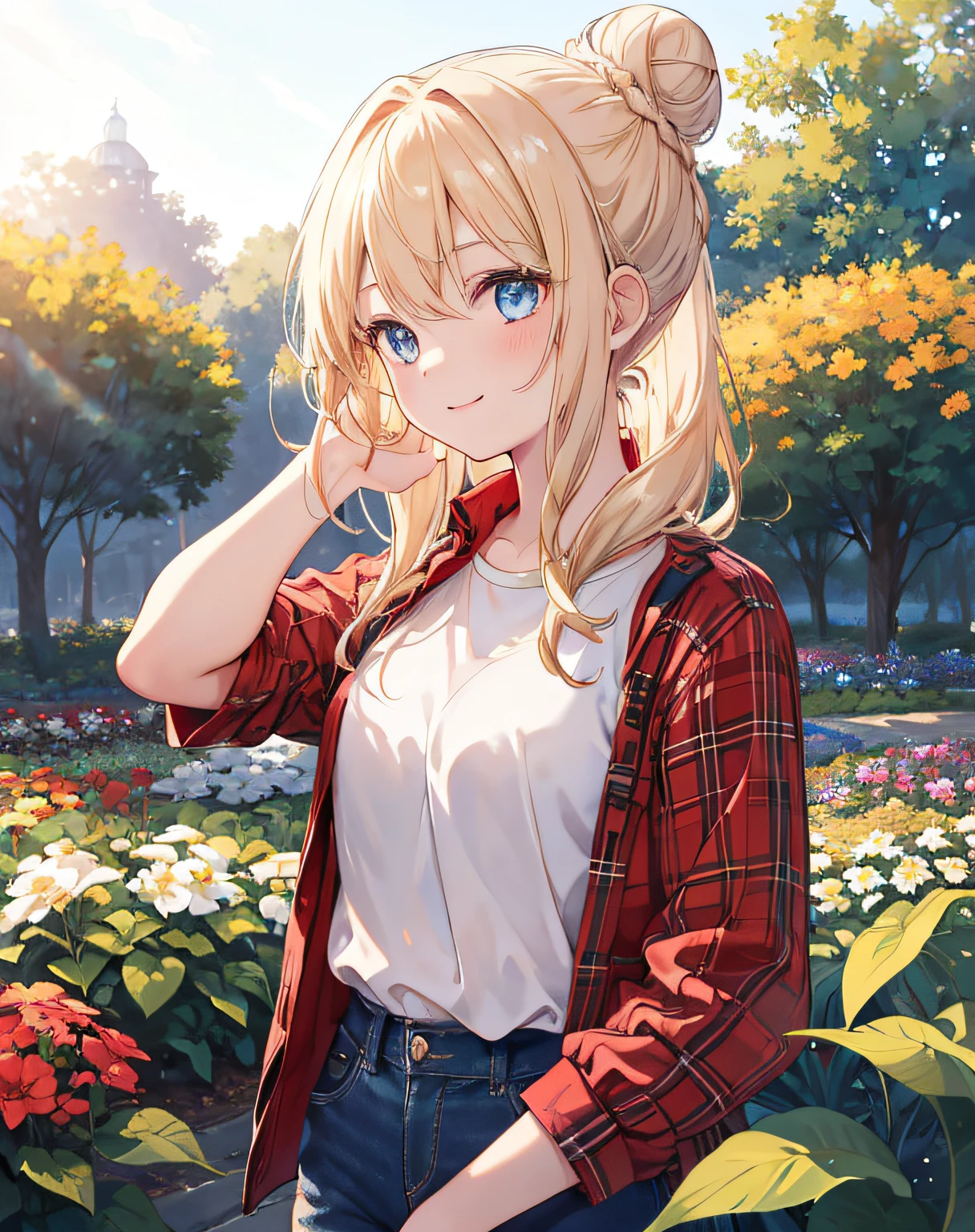 1 girl, solo, best quality, ultra detailed, minor, (happy:1.4), Blonde, blue eye, Red Flannel Shirt, Long bun hair, Southern, looking away, from front, portrait, rolled sleeves, standing, on a farm, flower garden, warm sunlight, blue jeans