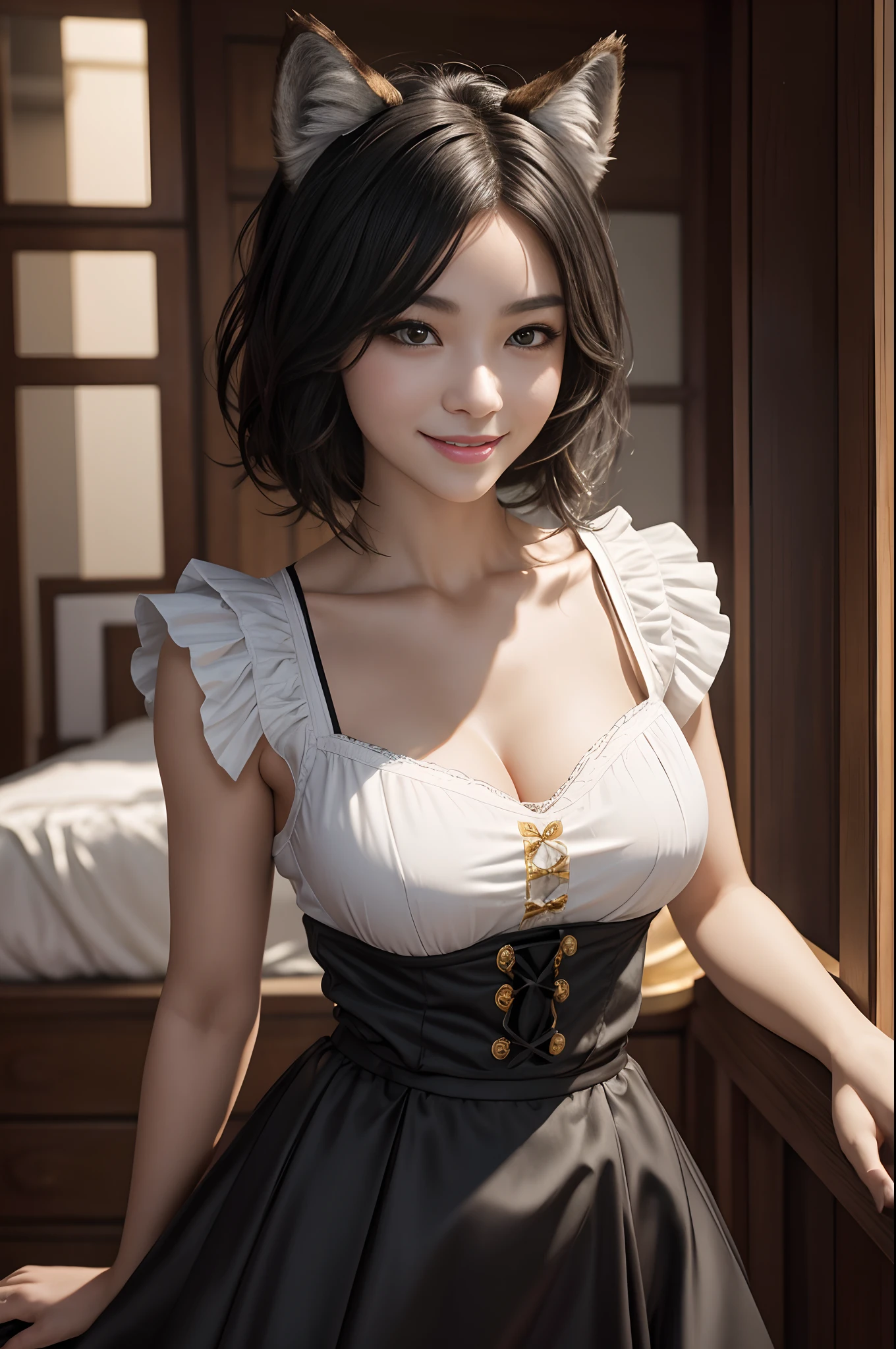 8K、The highest quality of photorealistic RAW photos。1.4)One very small breast,(Caucasian girl small-breasted werewolf) Personification of super beautiful small-breasted wolves(lifelike face) Wolf personification ,Short bob with black hair,Maid long skirt,Black and white maid costume,golden decoration beautiful expression super high resolution smile precise details realistic skin,enticing,red claw,Beautiful Wolf Eyes,Gray wolf ears,very small breasts