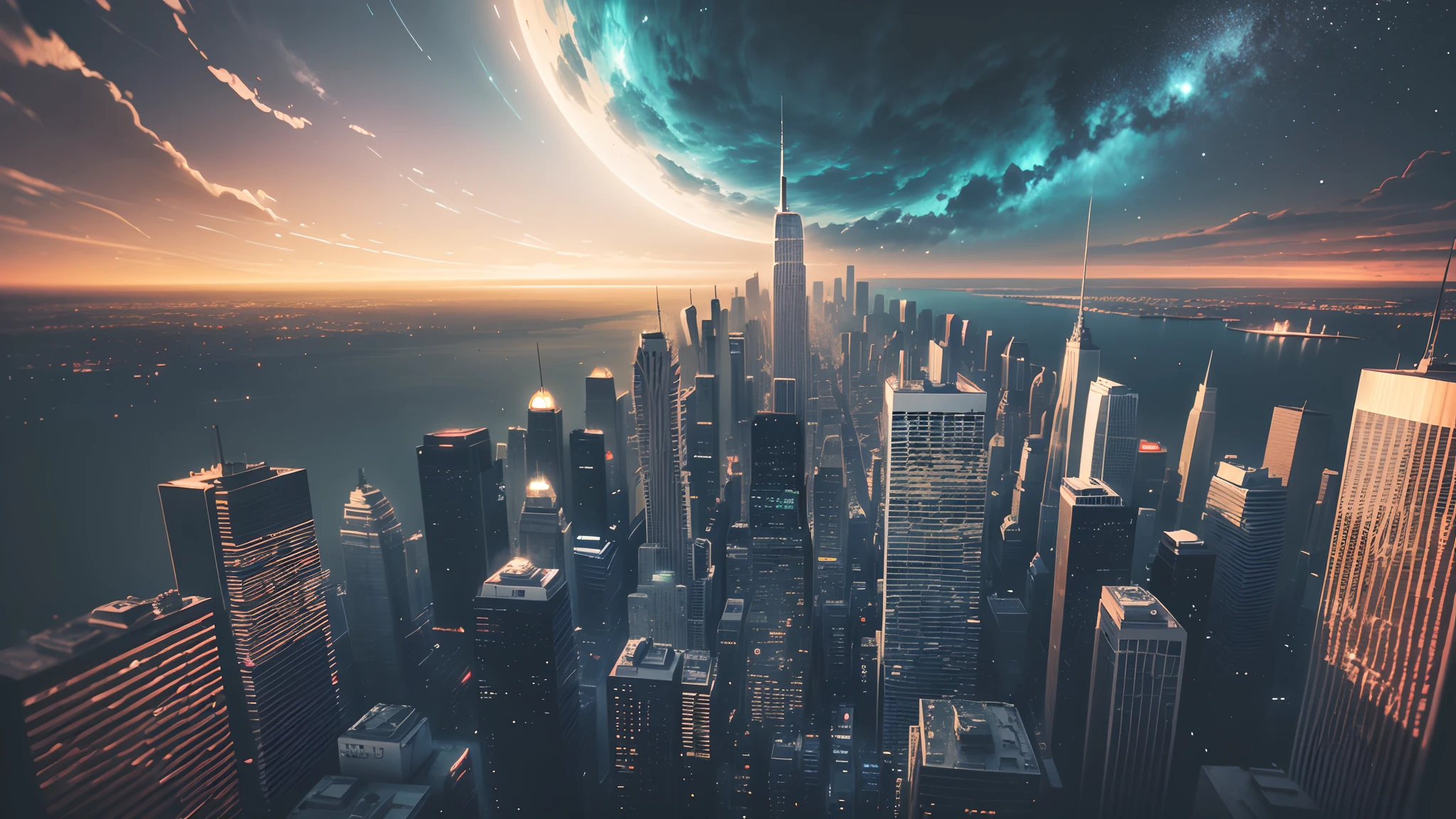 An exciting scene of a futuristic city on the edge of an abyss, Giant skyscrapers rising towards the sky, luzes de neon brilhantes iluminando a paisagem noturna, An atmosphere of suspense and tension, Fotografia, DSLR camera with a wide-angle lens, --auto --s2