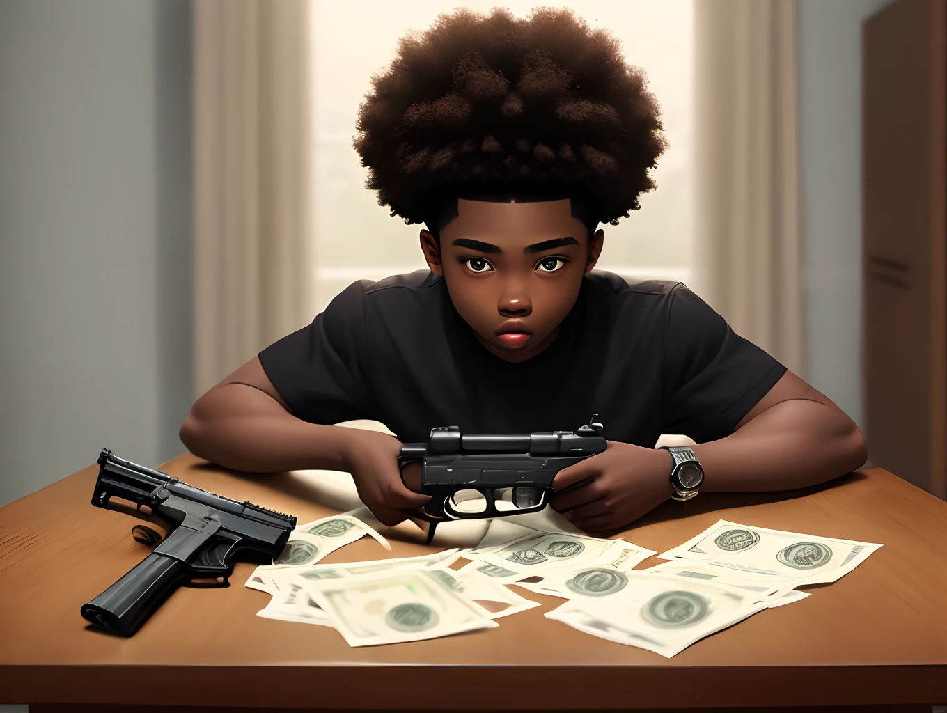 Create a black boy with short Afro money counting with multiple guns on a table