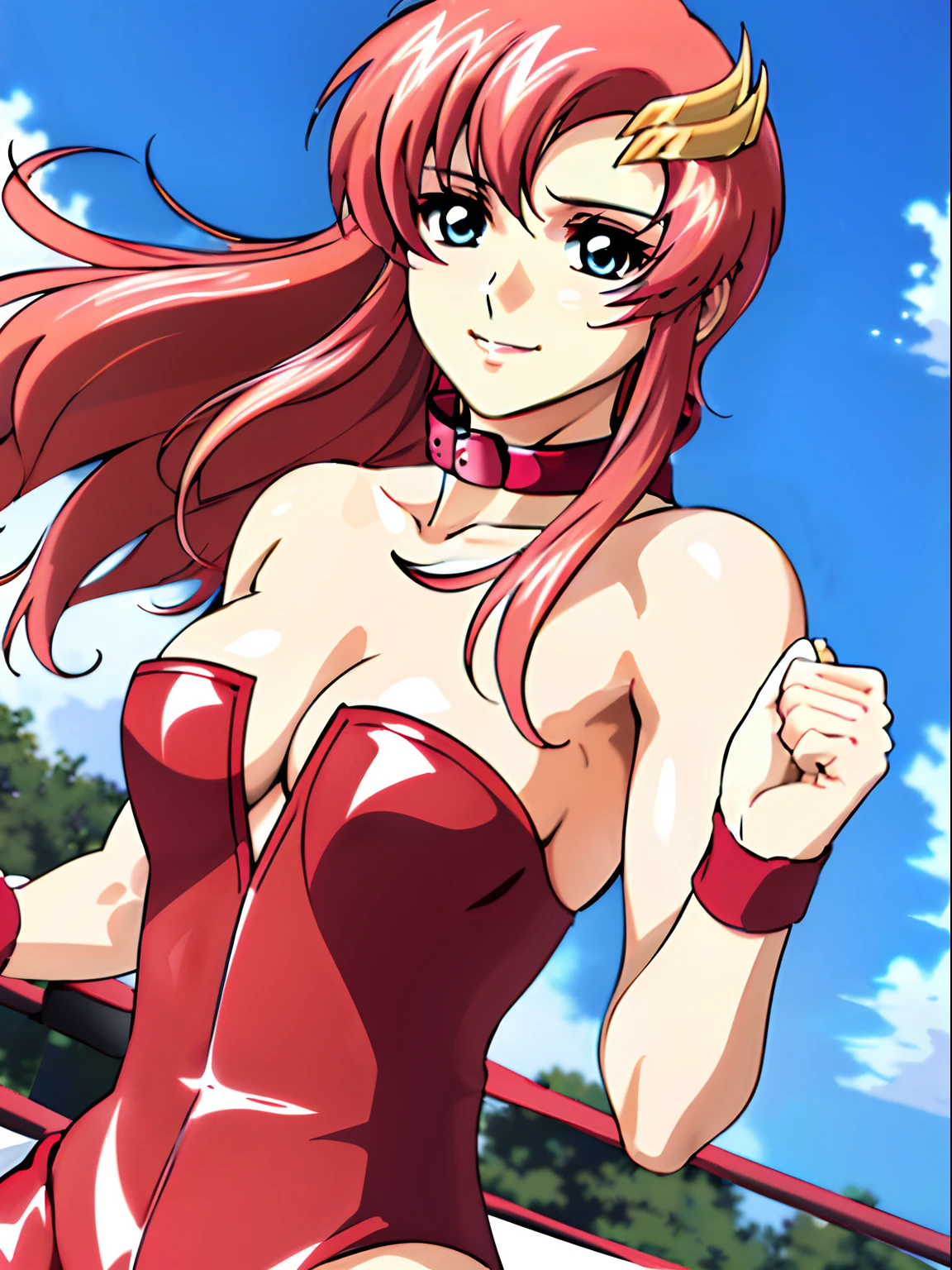 (((red strapless wrestling outfit, collar, red boots))), (upper body view, masterpiece, big mouth, 4K, Best Quality, Anime style: 1.9,, Adult Woman, (cloud background), Drawing lines, Anime, lacus4), 1girl, Solo, , Long hair, 鎖骨, scapular, (wide bangs, missy hair, floating hair, Hair Ornament, Detailed reddish-pink hair, golden crest), large hands, (). (Big blue eyes), ((little biceps, slender body, hourglass figure, broad shoulders, closed fists)), ((perfect proportions, medium breasts, cleavage, long belly)), (((mini red wrestling outfit))), ( looking at the viewer, smile),