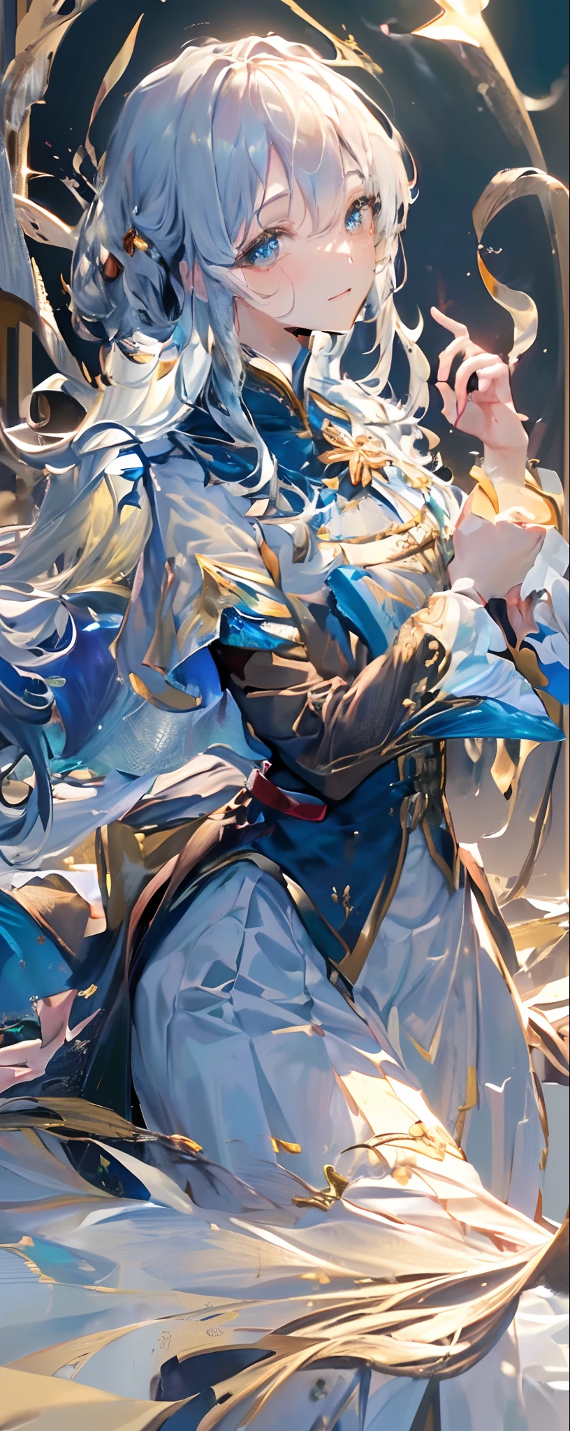 (quality:0) 8K, 8K wallpaper, (Extremely Delicately Beautiful:1.1), (美丽细致的眼睛:1.3), (Best Illustration:1.1), (Best quality:1.3), (Best shadow:1.1), (cinmatic lighting:1.2),Detailed eyes,(Detailed_Light:1.1),(dream magical:1.1),(Extremely detailed Cg Unity 8K wallpaper:1.1),A high resolution,(Masterpiece:1.3),Ray traching,shinny hair, Long white hair and azure eyes,mature and elegant,Careless and charming,He looked sad,long skirt,maam,opulent