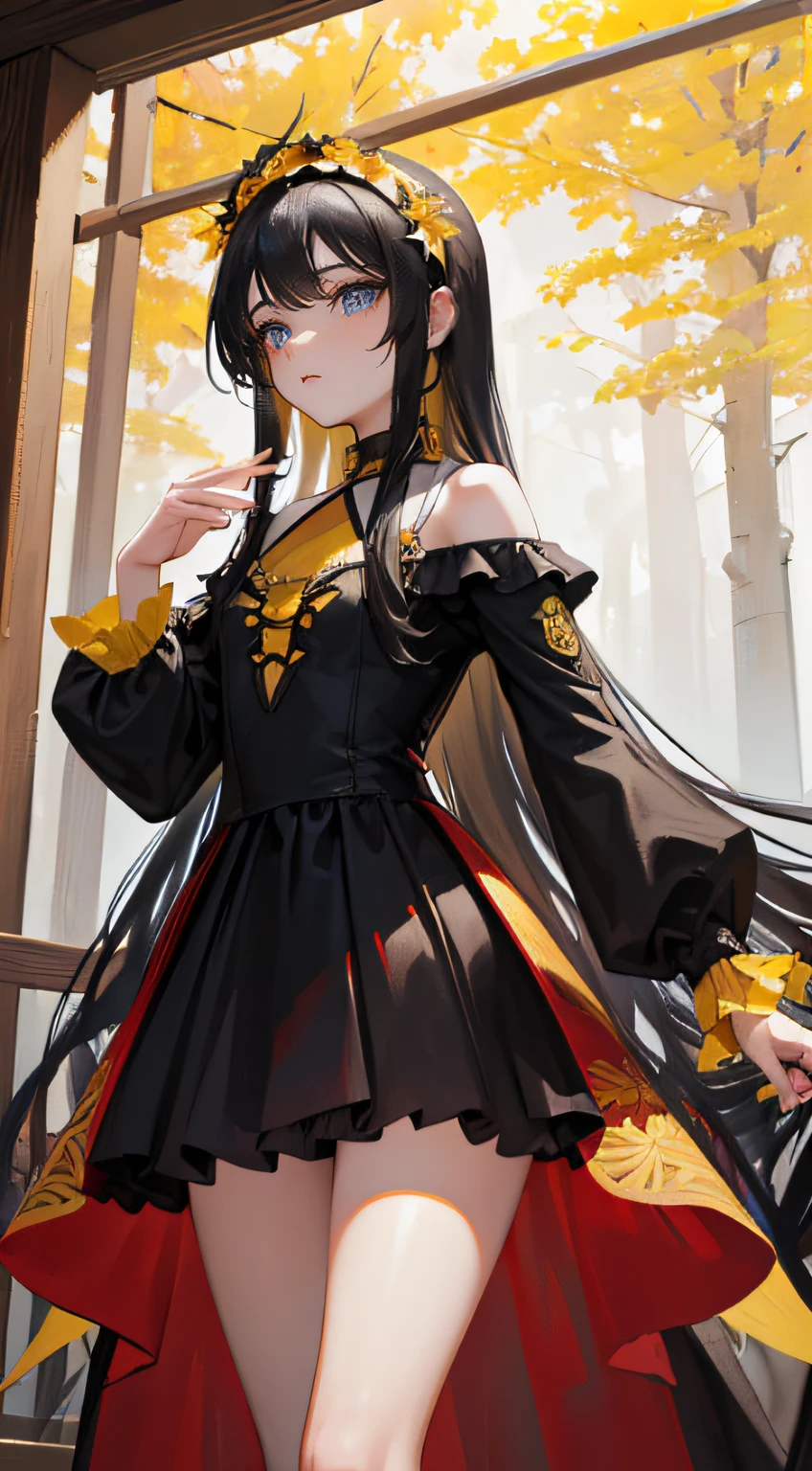 (Masterpiece),(of the highest quality),((long hair:1.3)),(Yellow headband:1.3),(Black hair),(Solo),Black costume,All Gothic ta costumes are black cloth:1.3,((One-piece type costume)),Elegant and elegant Gothic Loliave a bouquet of white flowers,Stretching the body,Relaxed,In the forest of autumn leaves,Red and yellow trees in the forest々The leaves are autumn in,In a beautiful forest,Bust-up composition, Built for cameras,oriented,Awe-inspiring scenery,((small udder)),((skinny thigh)),Soft skin, High school students,Tall,Mature body,Nice big blue eyes, (High detail eyes),A look of compassion,Eyes open,Looking at the camera, Glittering decoration based on white,Stylish atmosphere,Beautiful scenery,Overhead configuration, f lare, Fine Features, Perfect Anatomy Tommy, Centered, Perfect distance, Highly detailed, with an intricate, acurate, Highly detailed rich colors, taming, Rich colors, clean, Rich colors, elaborate details, golden ratio illustrations