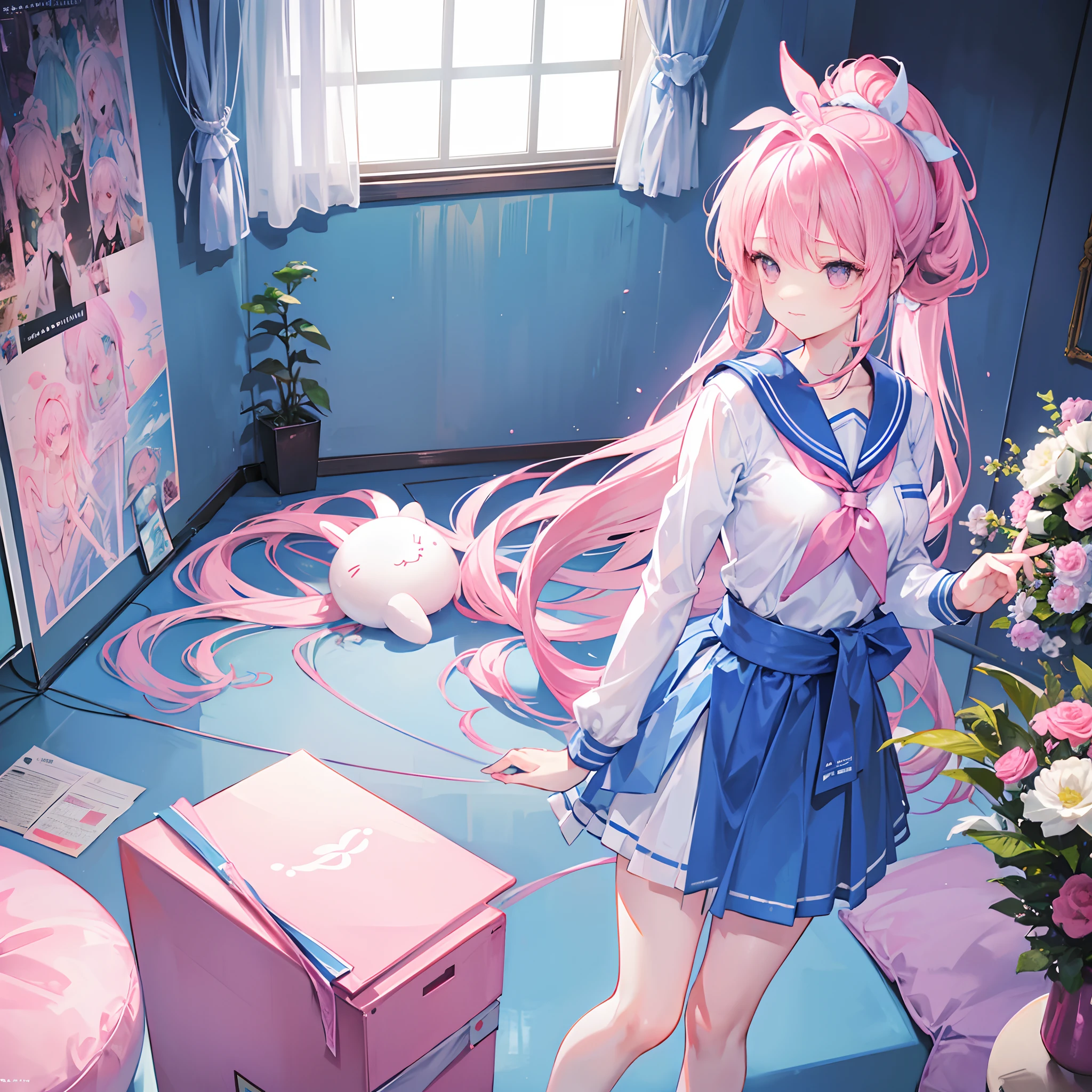 In the classroom,Beautiful Girls' High School,Brightly colored curls,Large, Bright round eyes,Clear blue eyes,Reddening cheeks,Flushing,White dress in minimalist style,Blue bow belt,Pink straw hat and blue ribbon,Pink leather shoes and cartoon animal motif,Holding a book in his hand,Smart and curious eyes,Elegant posture and confident smile sweet、Lovely and young atmosphere,Wearing a cute bracelet,pendant,choker necklace,head gear。Wear over-the-knee socks,Leg socks,athletic sneakers。Falling debris and paper。Masterpiece, Best quality, HD, 8K, A high resolution, Super resolution,