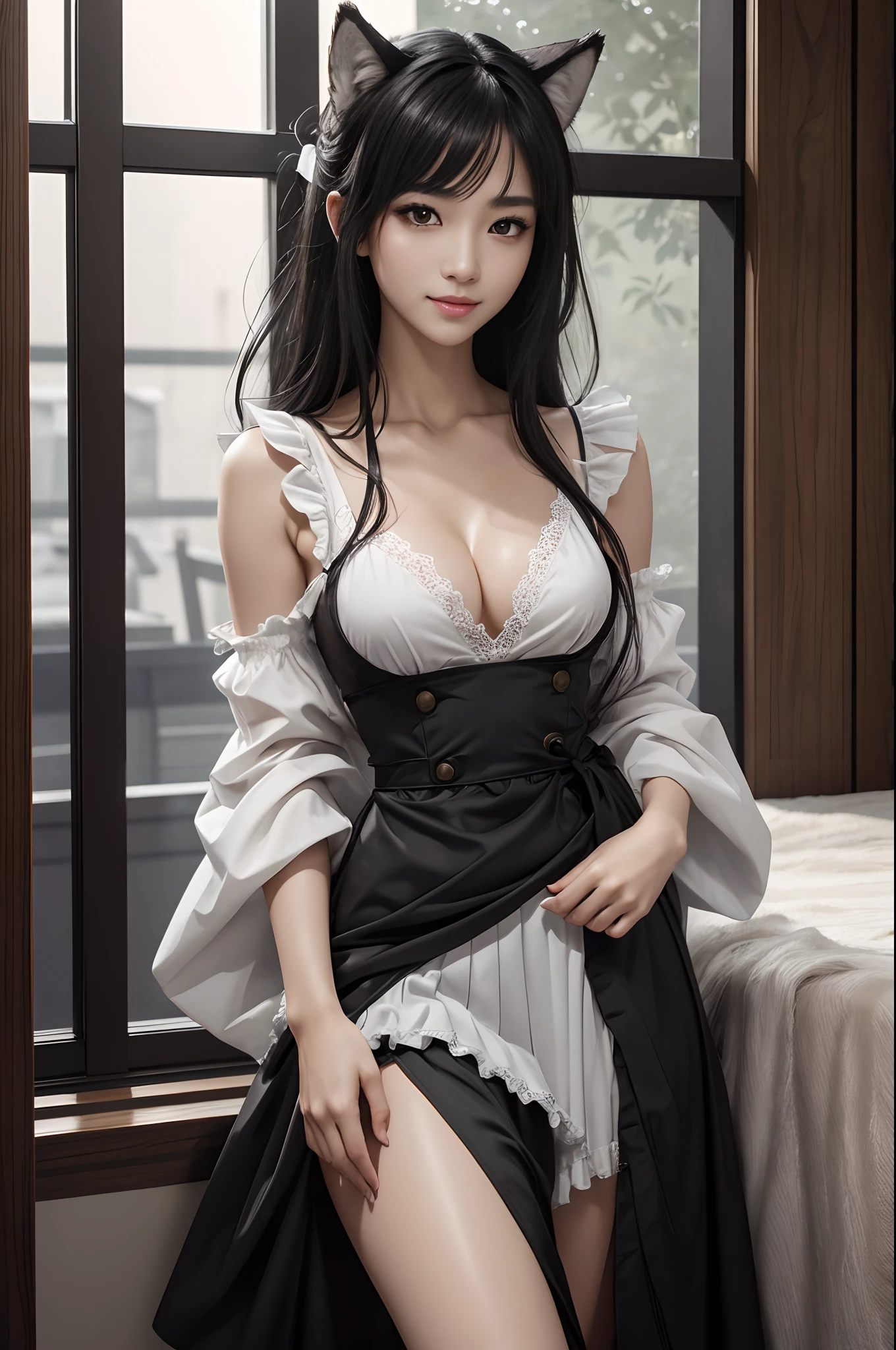 8K、Photorealistic RAW photos of the highest quality。1.4)<>Sheer breast、(Caucasian girl werewolf)Super beautiful thin-breasted wolf personification(lifelike face)Wolf personification、Short bob with black hair、Maid Long Skirt、Black and white maid costume、Golden Decoration Beautiful Expression Ultra High Resolution Smile Precise Details Realistic Skin、enticing、red claw、Beautiful wolf eyes、Gray wolf ears、very small chest