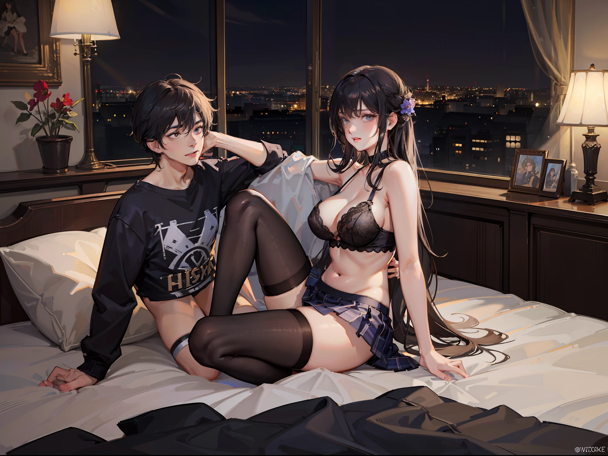 Man and woman in bedroom with bed, A man and a woman make love。The woman has neat black hair,middle score, not use bra,Full breasts,Big breasts Thin waist,fat hips,beautiful detailed face,Pure,Raised sexy,Light makeup,Blue plaid skirt,Black stockings, T-shirt and summer pants。 Photos of men。Modern bedroom, Big bed, flower pots, Floor flowers, Large windows overlooking the city, the night, lamp lights, Soft light, Moonlight outside the window, The is very detailed, beaturiful body, , Figure 8K, Realistic art style, ,realisticlying(2.0),realisticlying,realisticlying