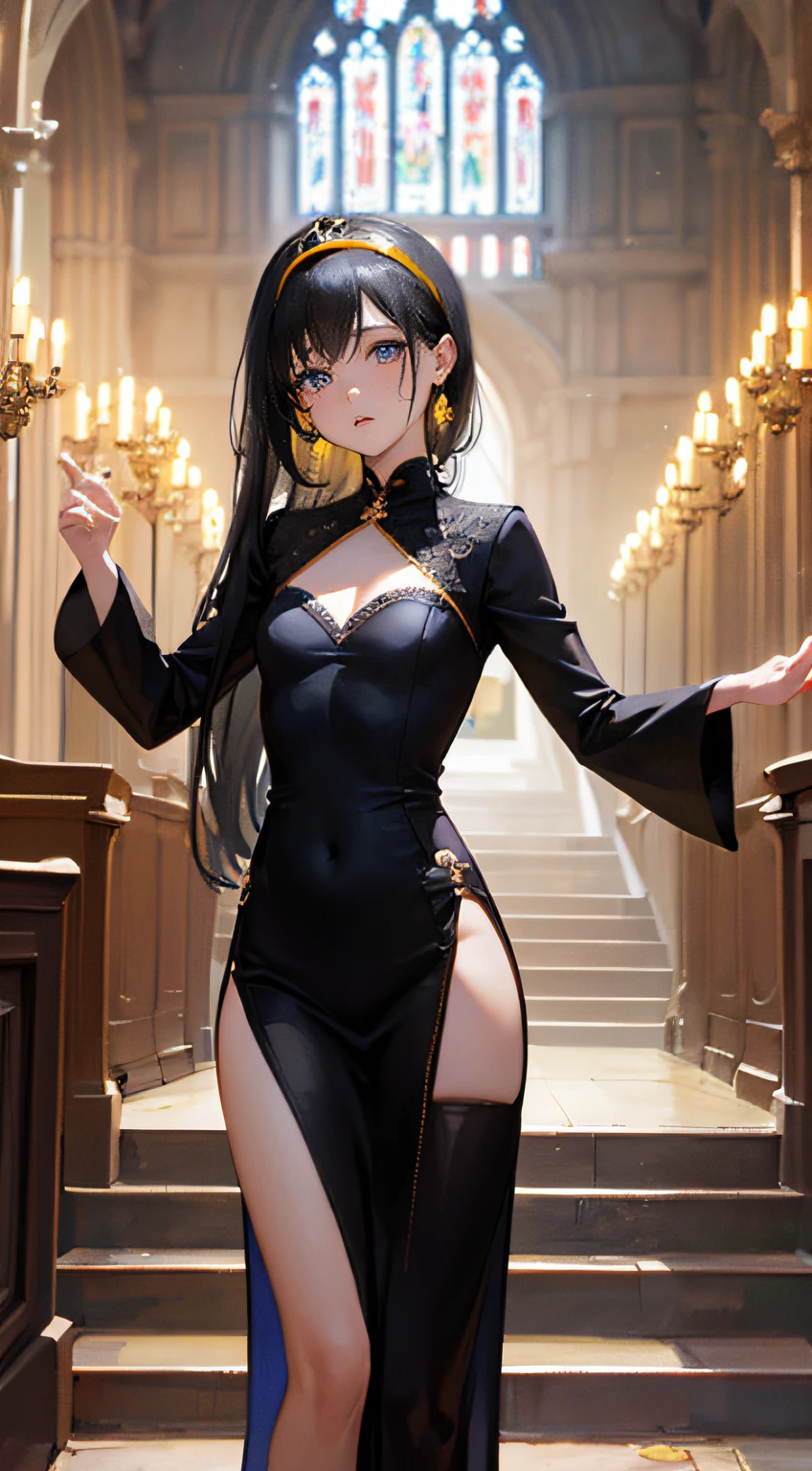 a sexy woman, (best quality), (masterpiece), (1girl), slim, anime, tall, (flat chested), (chinese dress), (protrait), (half squat pose)