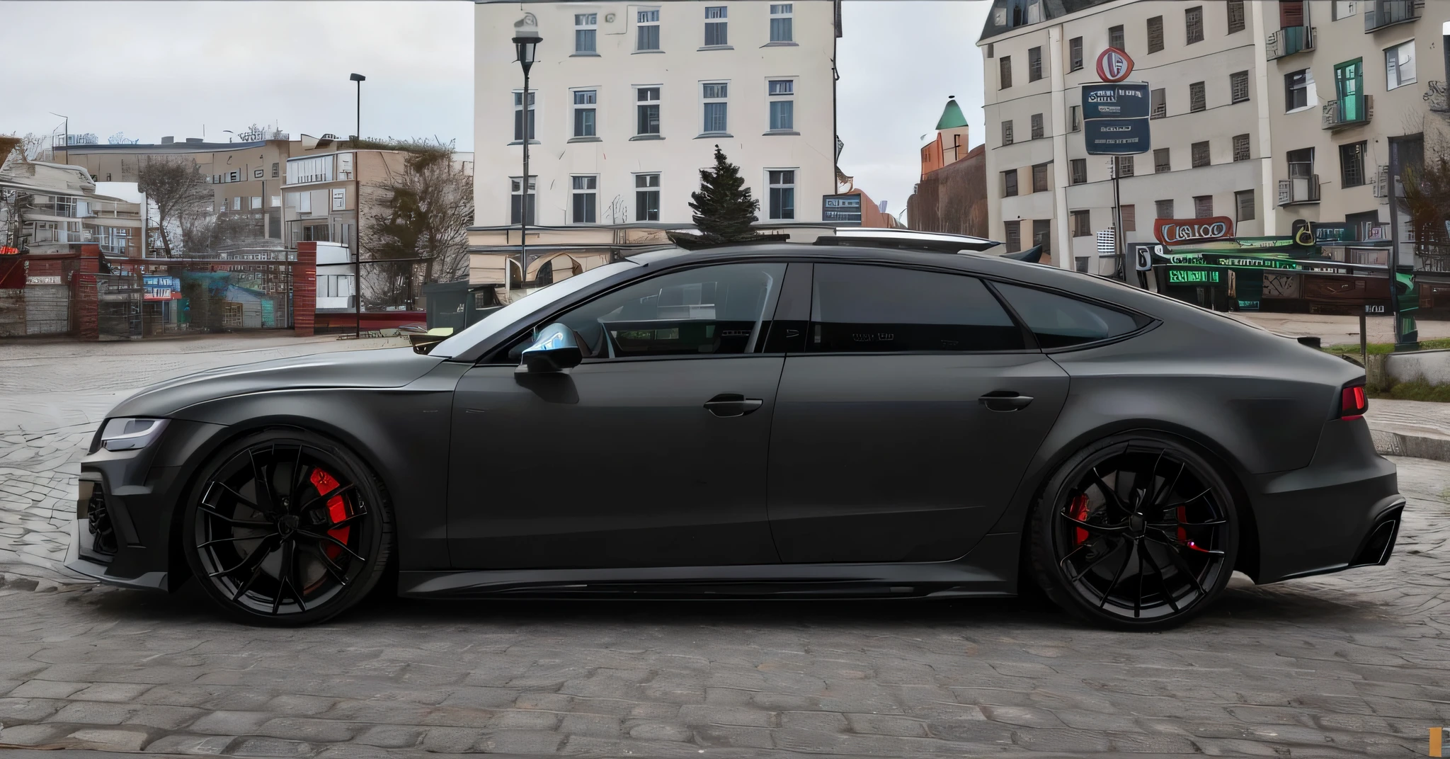 Close-up of black Audi RS7 on cobblestone road, Wide body,Ultra-clear 8k, Black car, Cool silhouette, all black matte product, side profile shot, Dark matte metal, matte black, high-quality picture