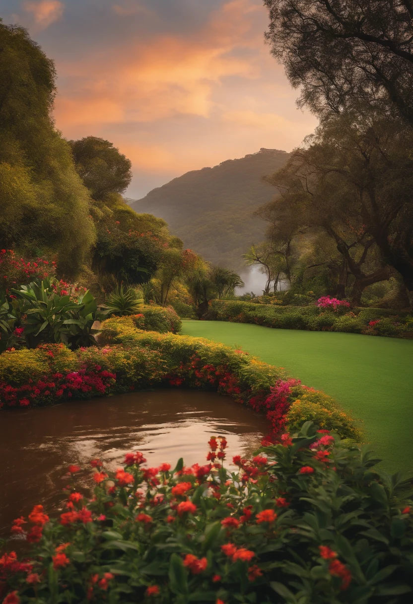 Imagem realista de uma mulher de costas olhando uma paisagem de jardim