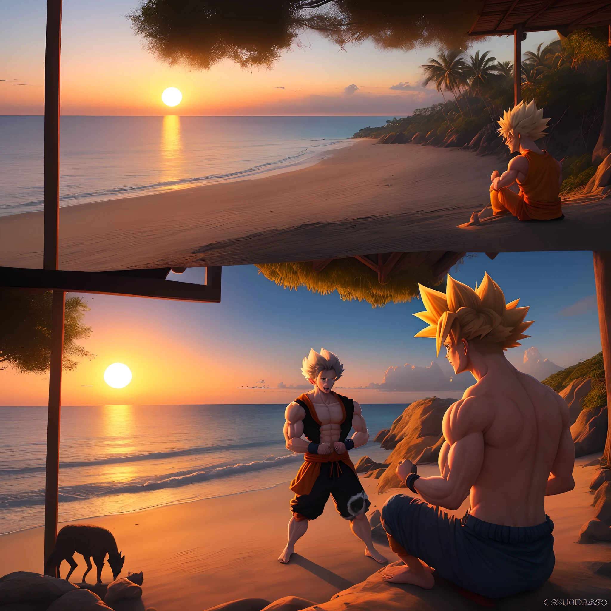 Por do sol em uma ilha paradisiaca com casas futurusticas com o ceu macabro com lobos e o goku se transformando em super sayadim