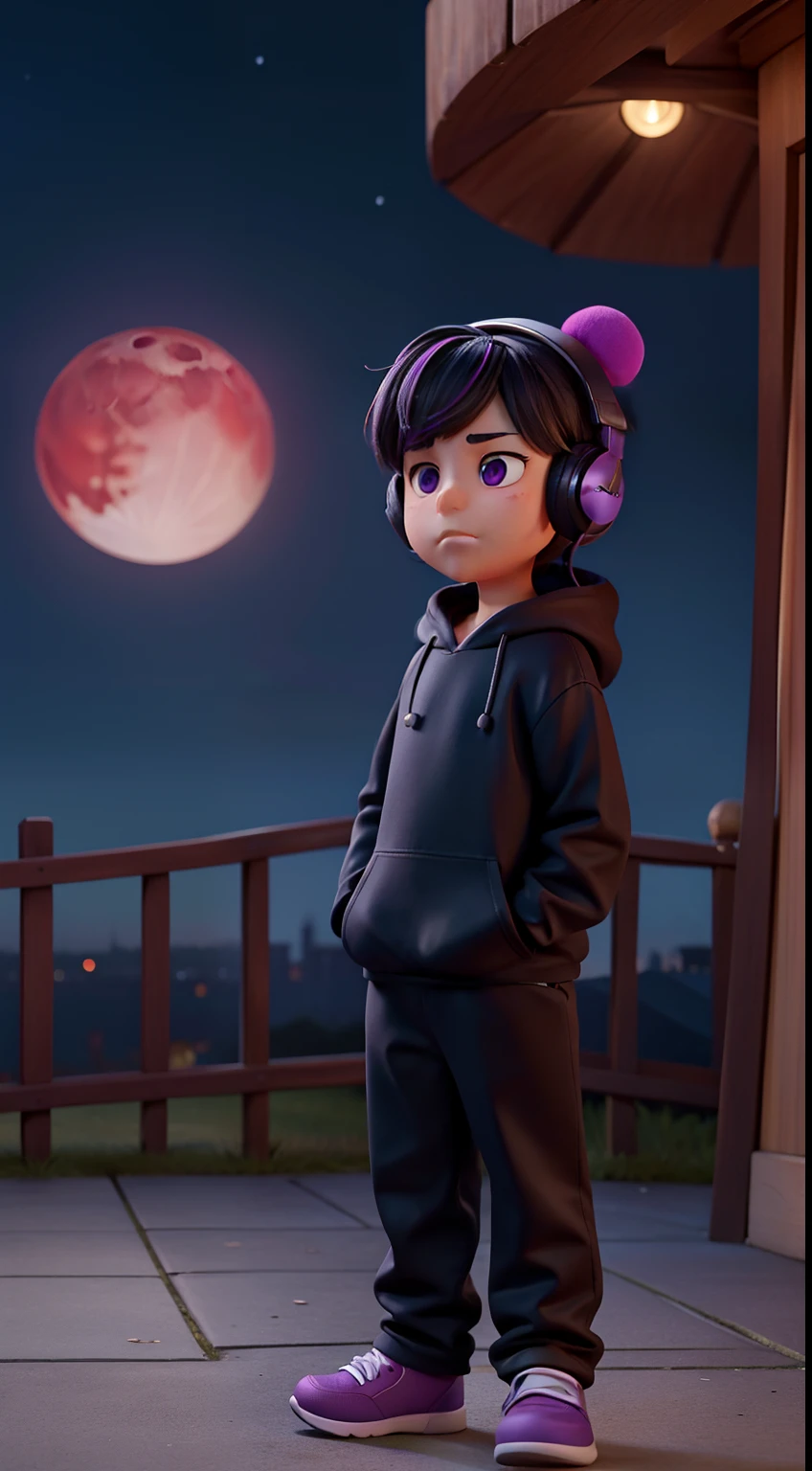 Create a captivating illustration Chapter 1.: 'Loved ones are gone' in this picture.., Represents tranquility., Beautiful night sky, Starry sky and photography, red moon. foreground, Stand out to boys.., man, He was only ... shiny black hair purple highlights, Inquisitive purple eyes, full of suspicion... It has large ears... The edges of the eyes are black, as if they were not sleeping. man, Dress in black.., A heartless black hoodie.. On the young boy's head.., Wear purple headphones to listen to music all the time... Standing on a tall building, Expression is a combination of commitment and concern.., Catch a tenacious teddy bear.., man, should. Convey the emotion of sadness trying to find someone... The atmosphere should be tinged with feelings of mystery and loneliness.., Setting the stage for a compelling story in Chapter 1