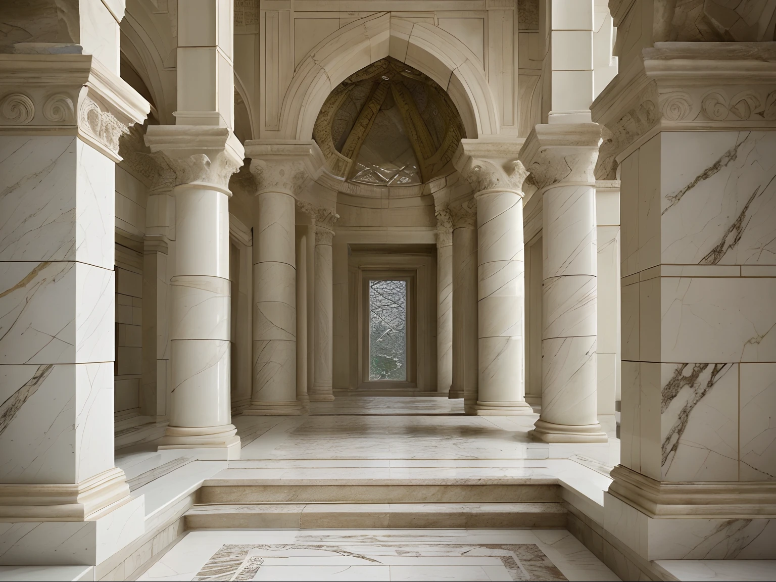 A stunningly intricate mix of smooth marble and rough stone textures, this image presents a mesmerizing marriage of elegance and ruggedness. The carefully carved marble pillars gleam with a polished sheen, exuding timeless luxury. In contrast, the weathered stone walls reveal the passage of time with their beautifully weathered cracks and ancient moss patches. Whether it is a photograph or a painting, this high-quality image impeccably captures the essence of both opulence and antiquity, inviting viewers to immerse themselves in the captivating world of marble and stone craftsmanship.