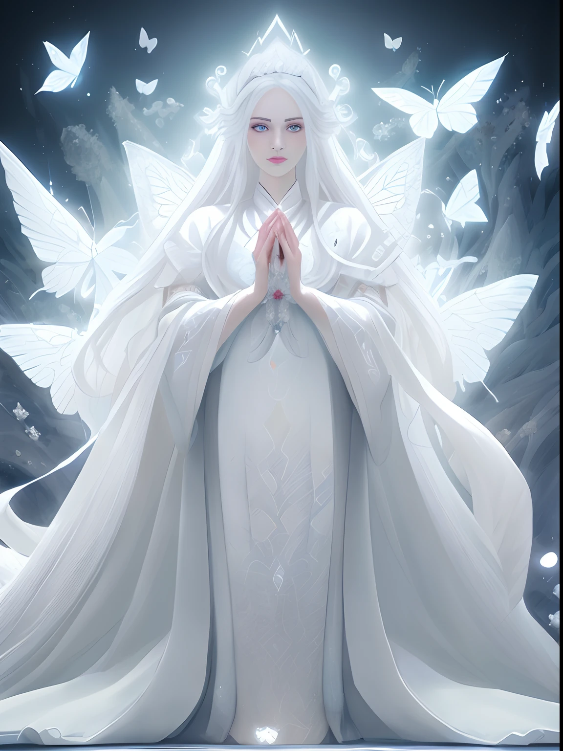 (front view) (full body )ultra detailed illustration of a stunning Goddess, wearing white robes, crystal decorations, white hair, Shining white clothes、extremely pale, extremely white skin,a woman with a very beautiful face、 peachy makeup, art by MSchiffer, best quality, best resolution, JRPG, Xianxia, (closed mouth)Holy Light Butterfly Angel woman,Butterfly wings,Chest shooting(mcu),In the style of rococo pastel colors,Light white and light red,Incredibly beautiful,SakuraNS,Sparkling water reflections,combine,flowing,hyper realisitc,painting of a,etheric,Elsa Burda,stock photograph,Mixed reality and fantasy elements,Ray traching,Complex pattern,Delicate line art,Press Crystal,Exquisite hands