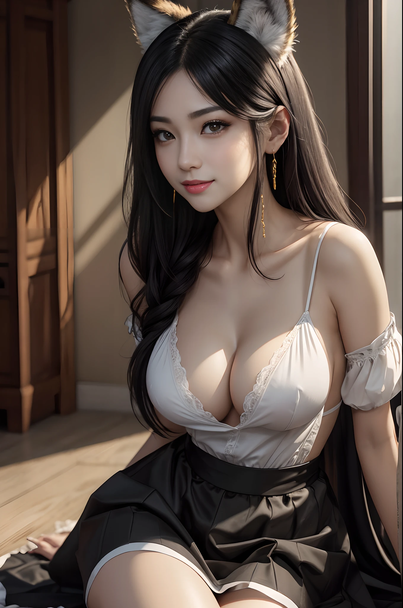 8K、The highest quality of photorealistic RAW photos。1.4)One very small breast,(Caucasian girl small-breasted werewolf) Personification of super beautiful small-breasted wolves(lifelike face) Wolf personification ,Short bob with black hair,Maid long skirt,Black and white maid costume,golden decoration beautiful expression super high resolution smile precise details realistic skin,enticing,red claw,Beautiful Wolf Eyes,Gray wolf ears,very small breasts