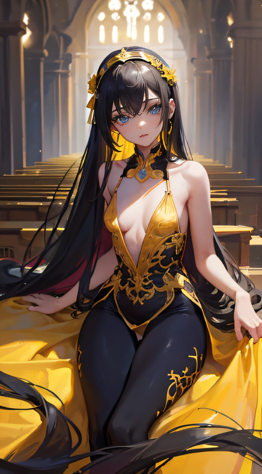 (Masterpiece),(of the highest quality),((long hair:1.3)),(Yellow headband:1.3),(Black hair),(Solo),Black costume,All Gothic Lolita costumes are black cloth:1.3,((One-piece type costume)),Elegant and elegant Gothic Lolita,Have a bouquet of white flowers,Stretching the body,Relaxed,Venice,chapel,Large space,Inside the cathedral with high ceilings,Destroyed and the interior is damaged,Bust-up composition, Built for cameras,oriented,Awe-inspiring scenery,((small udder)),((skinny thigh)),Soft skin, High school students,Tall,Mature body,Nice big blue eyes, (High detail eyes),A look of compassion,Eyes open,Looking at the camera, Glittering decoration based on white,Stylish atmosphere,Beautiful scenery,Overhead configuration, f lare, Fine Features, Perfect Anatomy Tommy, Centered, Perfect distance, Highly detailed, with an intricate, acurate, Highly detailed rich colors, taming, Rich colors, clean, Rich colors, elaborate details, golden ratio illustrations