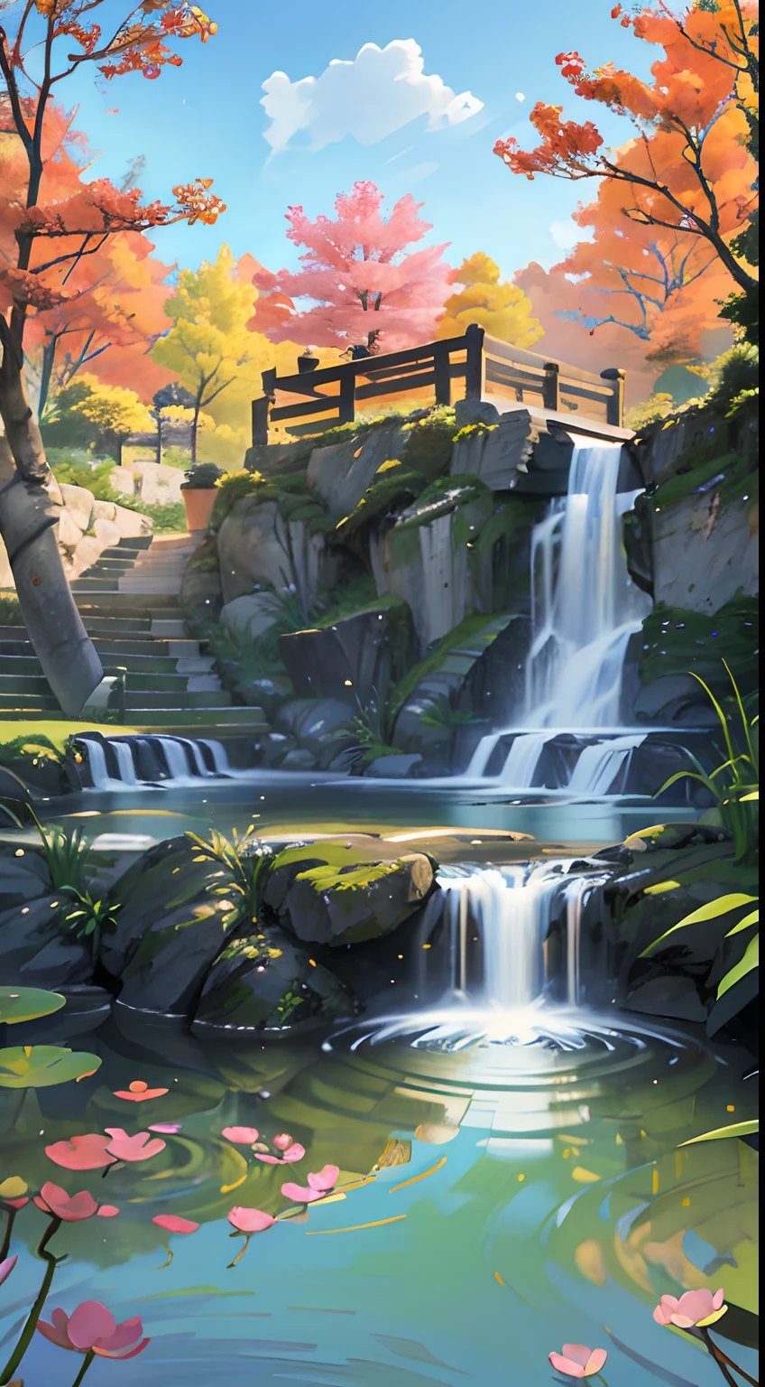 Ancient Chinese architecture, autumn, bamboo, lake, stone bridge, rockery, arch, corner, tree, tap water, landscape, waterfall, meadow, rock, water lily, hot springs, water vapor, (illustration: 1.0), epic composition, realistic lighting, high-definition detail, masterpiece, best quality, (very detailed CG unified 8k wallpaper)