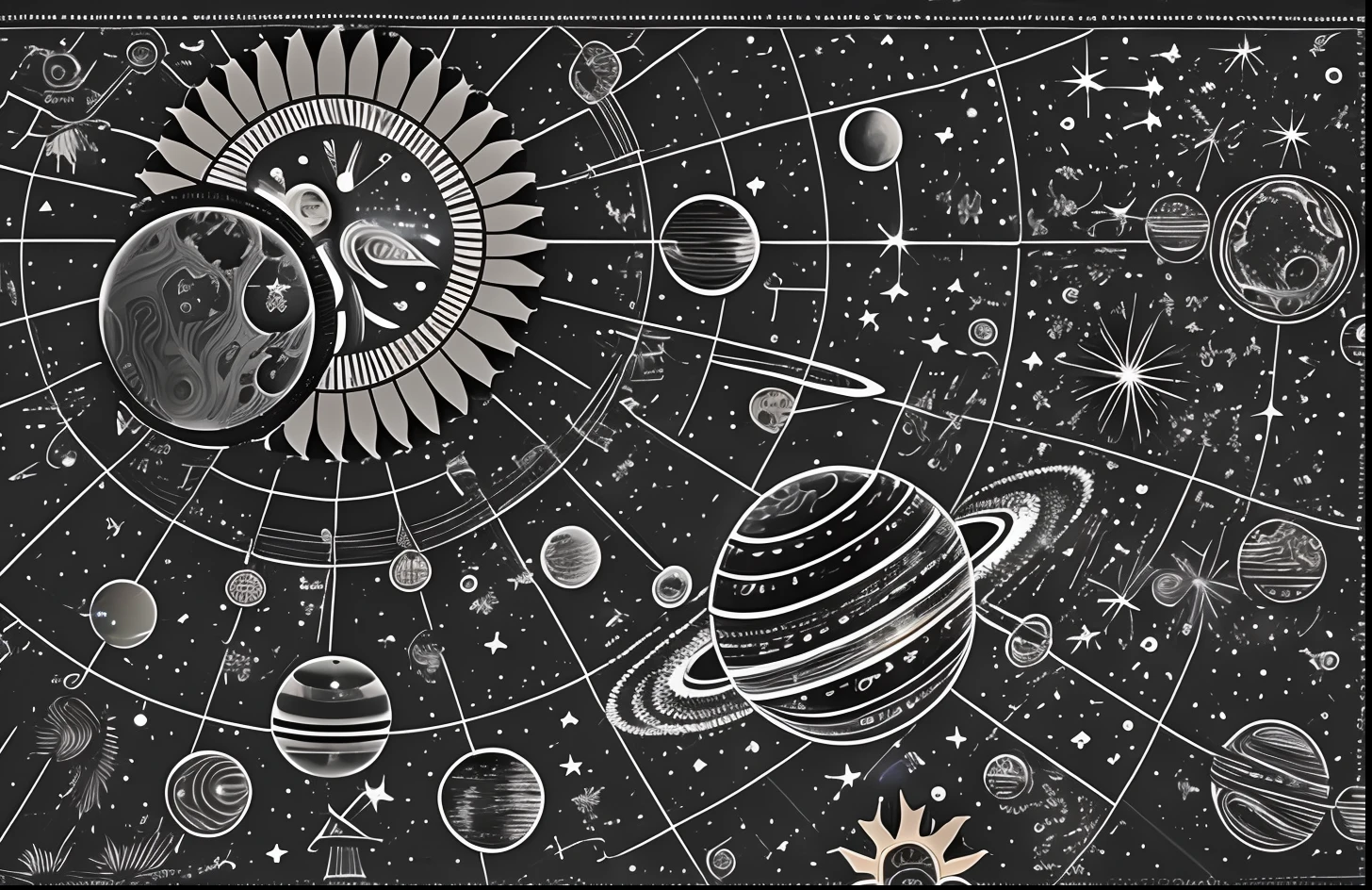 A black and white drawing of planets and sun in the sky, planetas e estrelas, fundo celeste, estrelas e planetas, cosmos celeste |, space, Geometria e astrologia, planets and galaxies, significado da vida do universo, sem cosmos, planets in the sky, outer space, planeta e estrelas, corpos celestes, universo em segundo plano, astrologia, sistema solar, planets in the skies