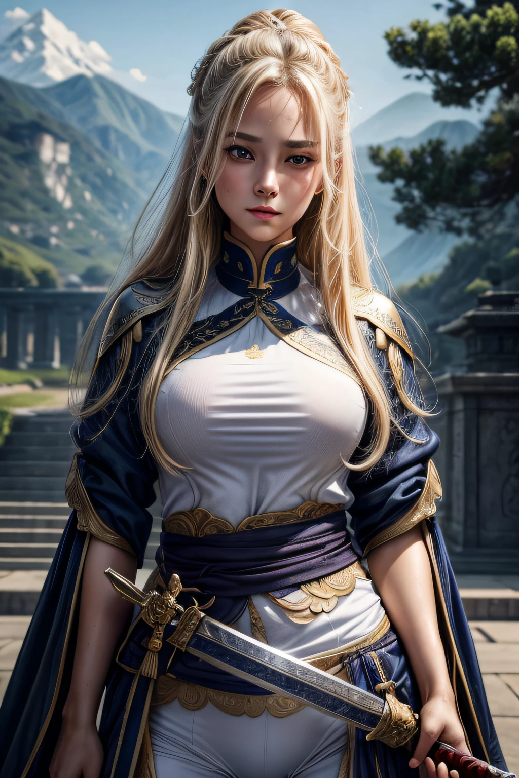 realista, Charismatic, muito detalhe, vestindo kimono de kung fu, wearing a belt and a pair of magic gloves, monge, she's Greek, tema medieval de fantasia, long blonde hair Greek style braided, 25 anos, corpo inteiro, uma mulher na imagem, olhos azuis, rosto de princesa, roupas brancas com azul, fazendo, fazendo acrobacias, background Floresta com ruinas de um templo, corpo definido, treinando, cabelos loiros, sorriso sedutor, red lips, sorriso leve, Expressions, determinado, Realismo, cinematic lighting, virado, perspectiva, confiante, cowboy shot, super detalhe