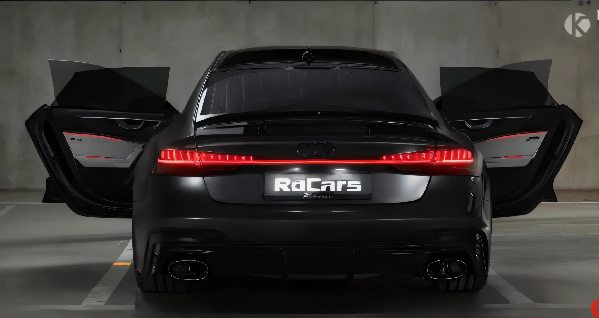 Close-up of Audi RS7 with car door open in parking lot, Rear lighting, Halfrear Lighting, tail lights, back Lighting, Wide body, rear shot, rear-shot, The light from the back window is backlighted, Black car, back lit lighting, Frontlighting, with a sleek spoiler, The light from the back window is backlighted, posterior view, red tail lights,Dark matte metal, matte black, High quality picture full black matte product,Ultra-clear 8k