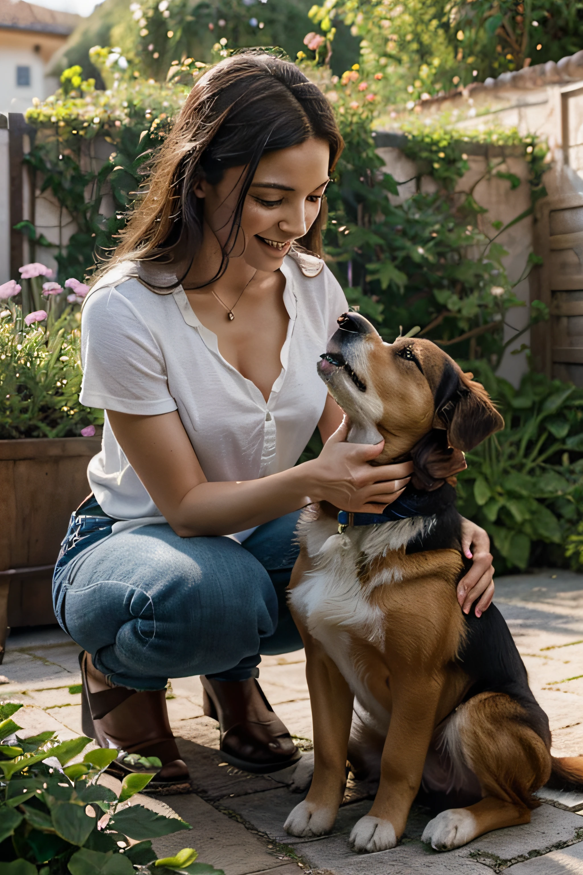Create a very high-quality image, with advanced levels of detail and cinematic style, Depicting a dog playing with a child in a garden. The image should convey a sense of joy, capturing the spontaneous and exciting moments shared between the two. Certifique-se de que as cores, The lighting and natural elements in the garden create a visually stunning and emotionally engaging scene, fazendo com que o espectador se sinta parte desse momento comovente.