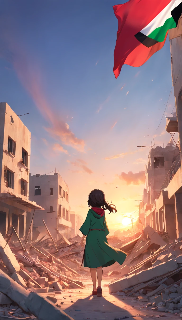 palestine flag, sunset, Palestine earthquake, one little hijab girl from behind waving Palestine flag looking at rubble and destruction, somber, hope, (masterpiece:1.1) (best quality) (detailed) (intricate) (8k) (HDR) (cinematic lighting) (sharp focus:1.1), Palestine flag, hijab, muslim